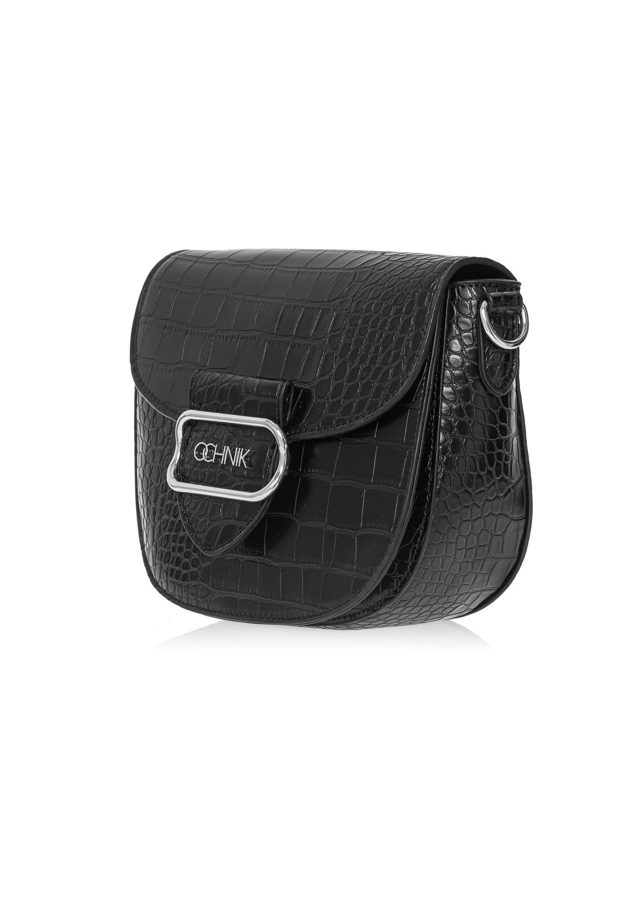 Black women's croco messenger bag TOREC-0880-9G(W26) - diagonal product view, on a white background.