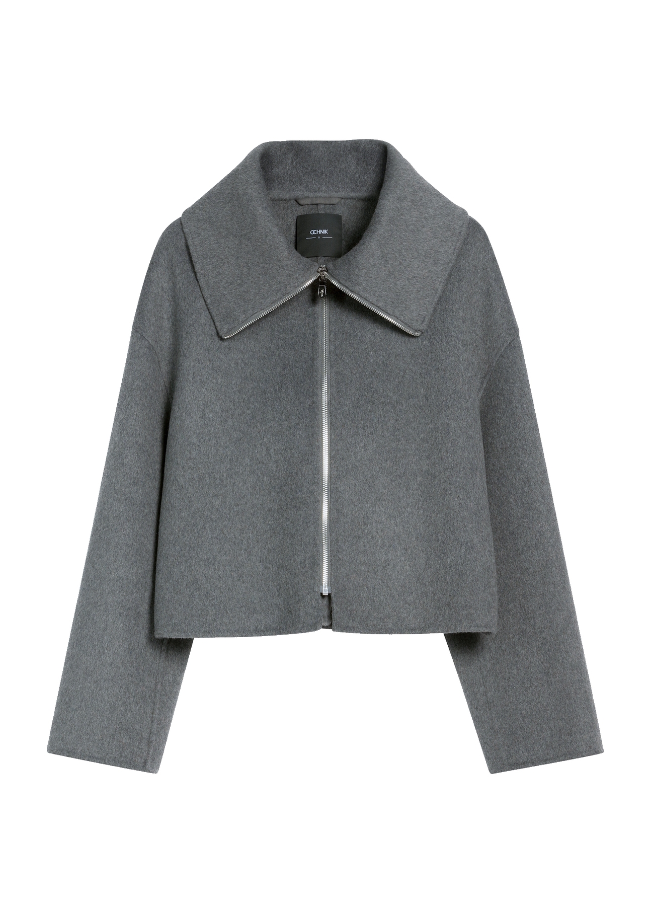 Short women's coat in gray PLADT-0066-91(Z25), product view from the front on a white background.