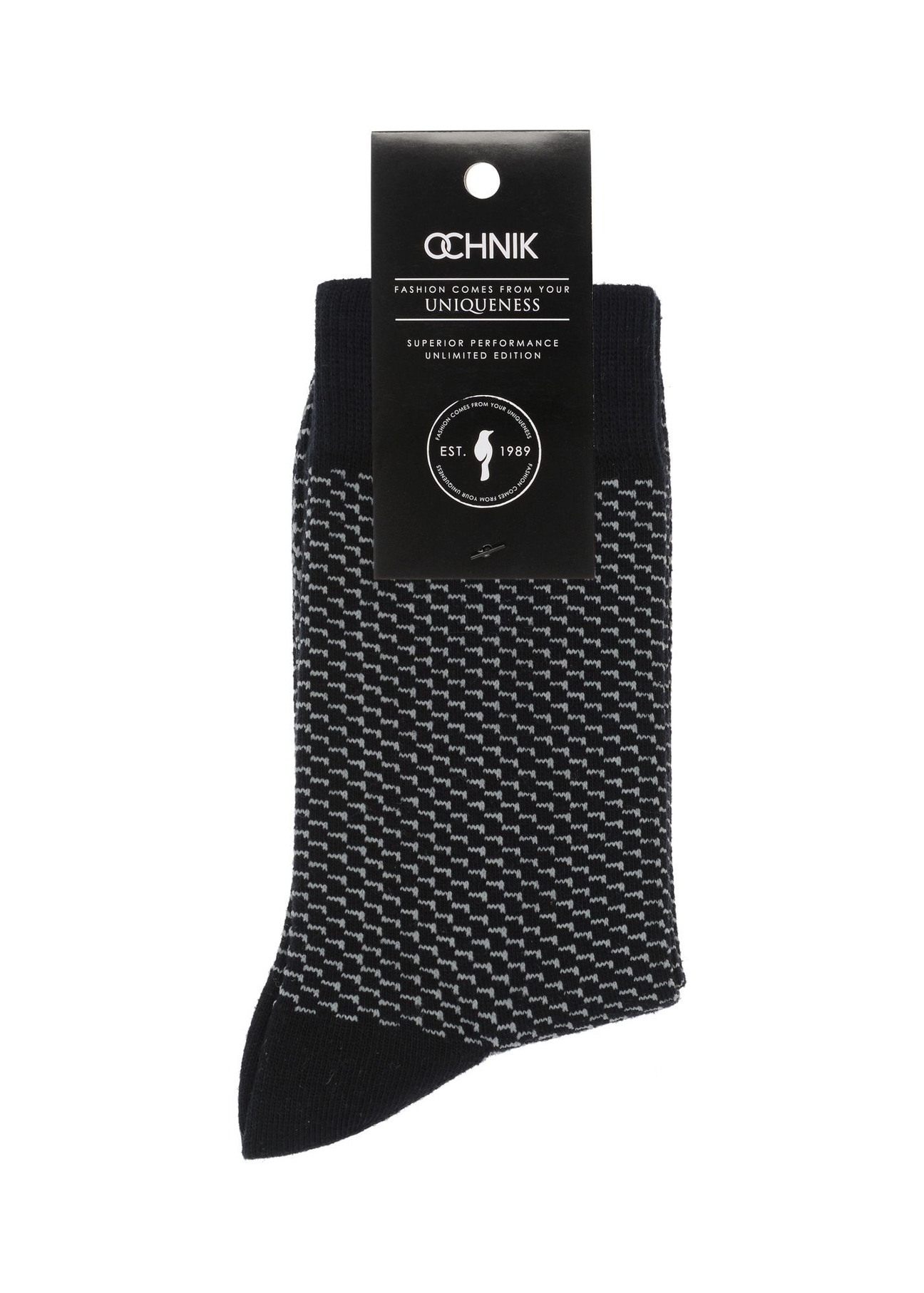 Men's long navy blue socks SKAMT-0163A-7D(Z26), product view with packaging on white background.