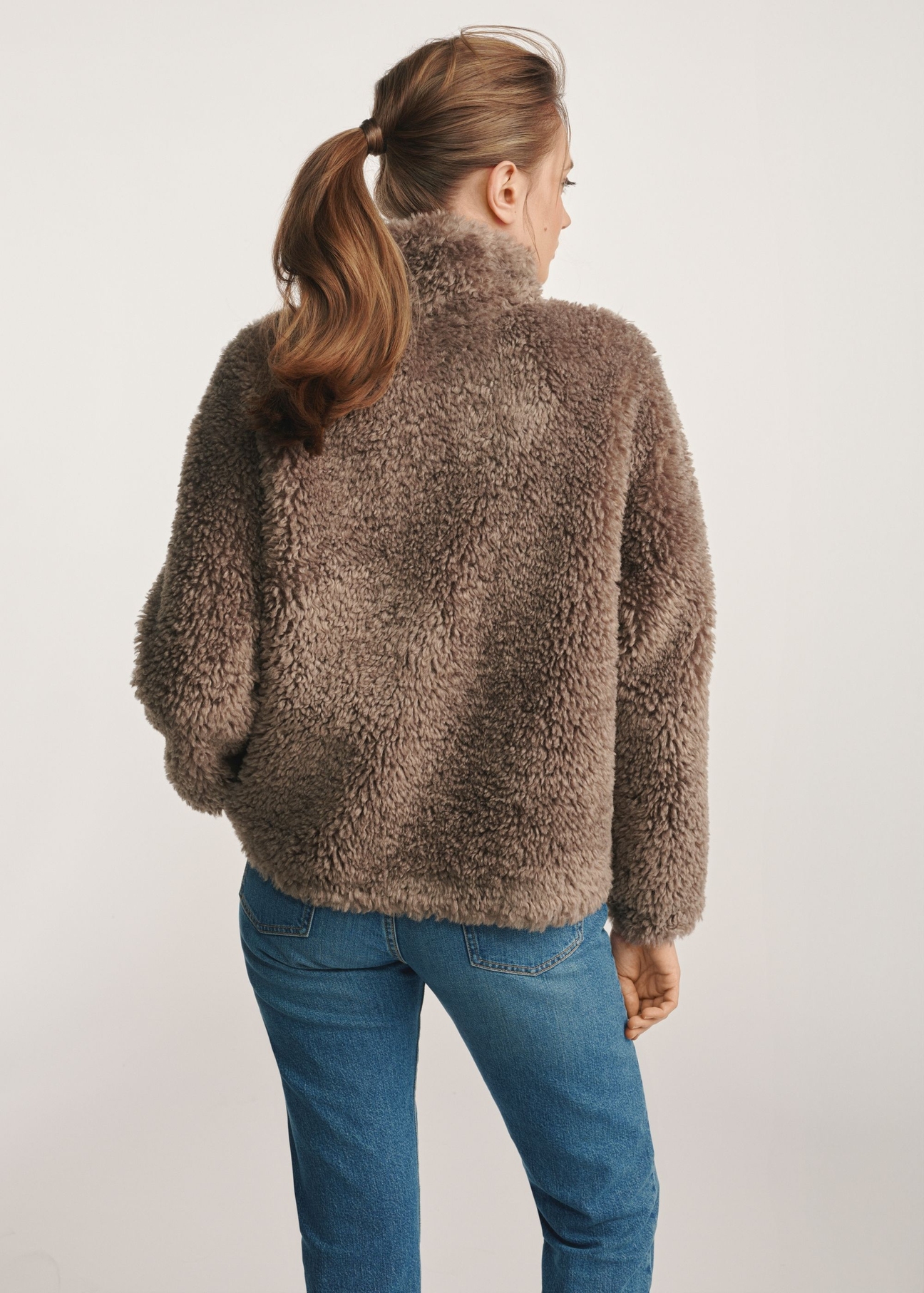 Women's gray fur coat FUTDP-0021C-9B(Z26), back view of the product on the model. Half of the silhouette visible.