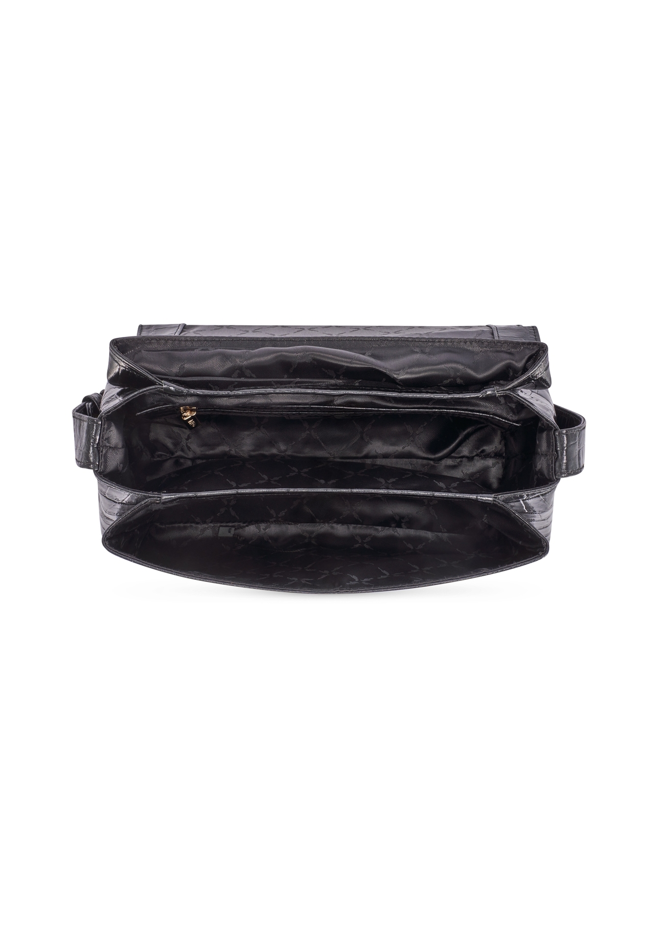 Black leather croco women's handbag TORES-1234-9G(W26), product view from the inside on a white background.