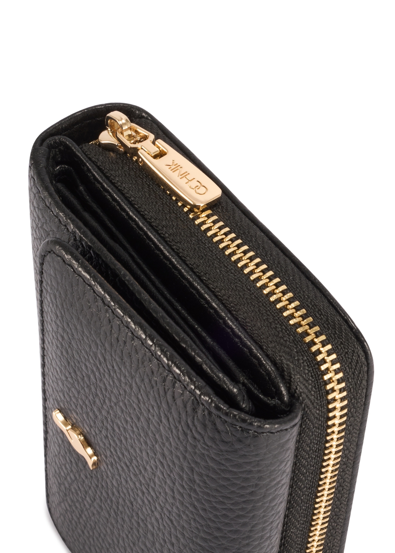 Small black leather women's wallet PORES-0802R-9I(W26), close-up of the product detail on a white background.