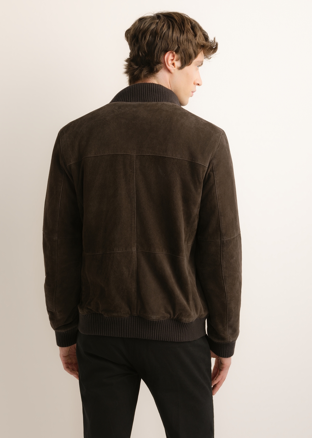 Brown men's suede jacket KURMS-0425-1L(Z6) - product view from the back on the model, against a white background. Half-length silhouette visible.