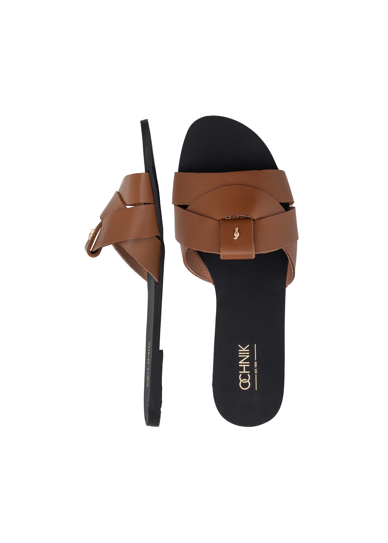 Women's camel flip-flops with braid BUTYD-0903C-1D(W26), product view from above on a white background.