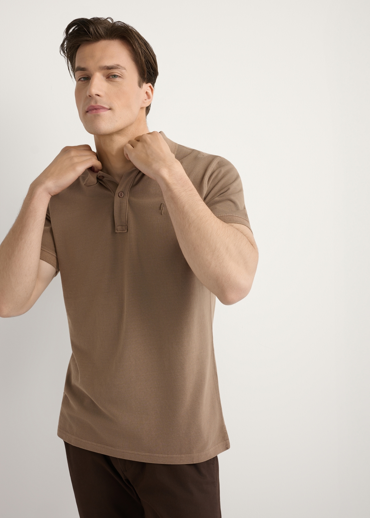 Men's camel polo shirt POLMT-0055A-1D(W26), front view of the product on the model. Half of the silhouette visible.