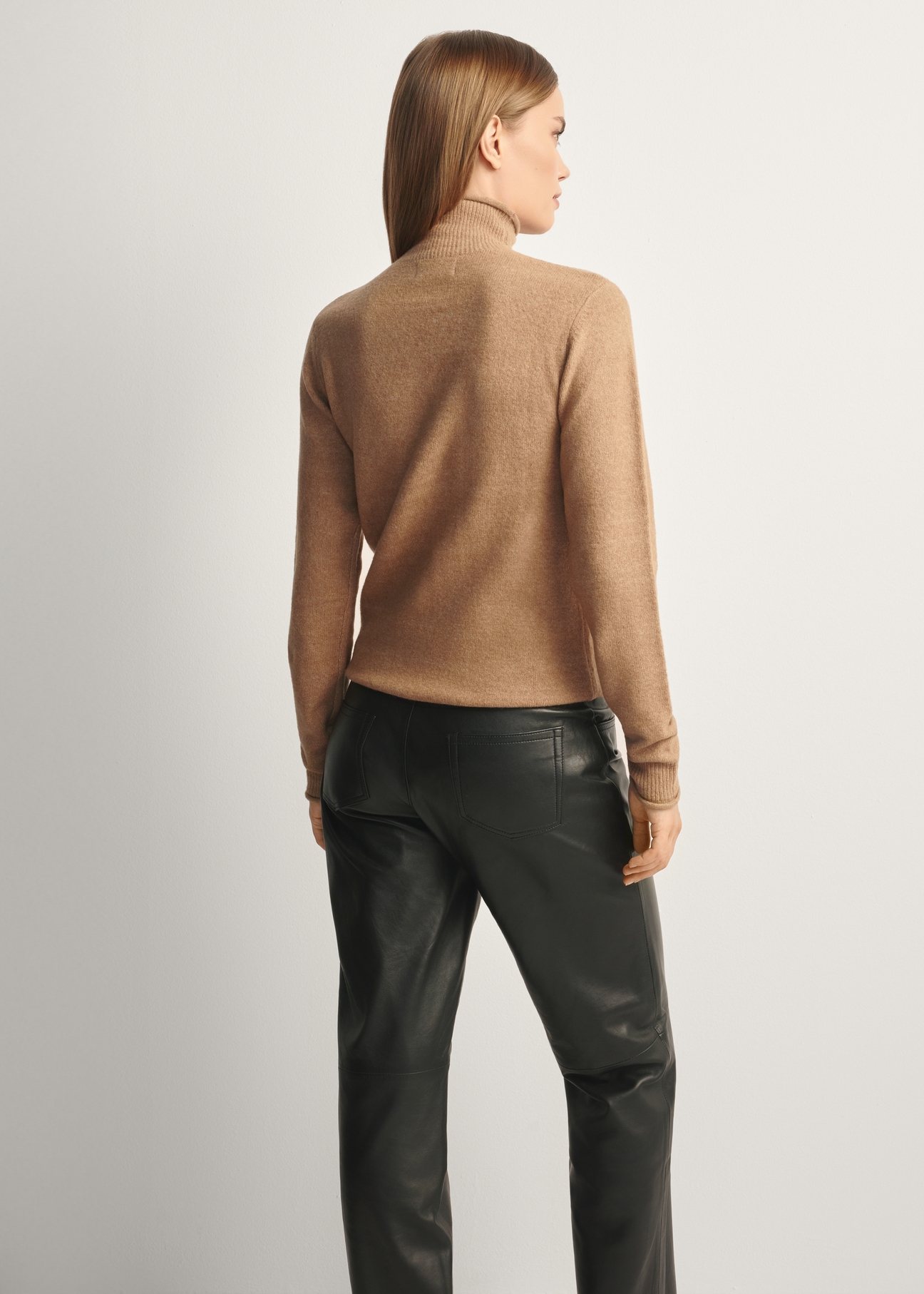 Women's camel wool-blend sweater SWEDT-0241-24(Z25), back view of the product on the model. Half of the silhouette visible.