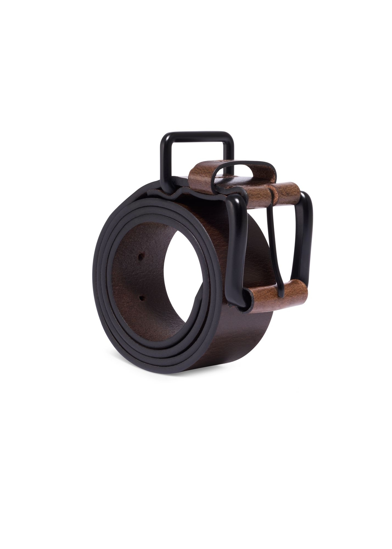 Dark brown men's leather belt PASMS-0241-1I(Z26) - diagonal product view, on white background.