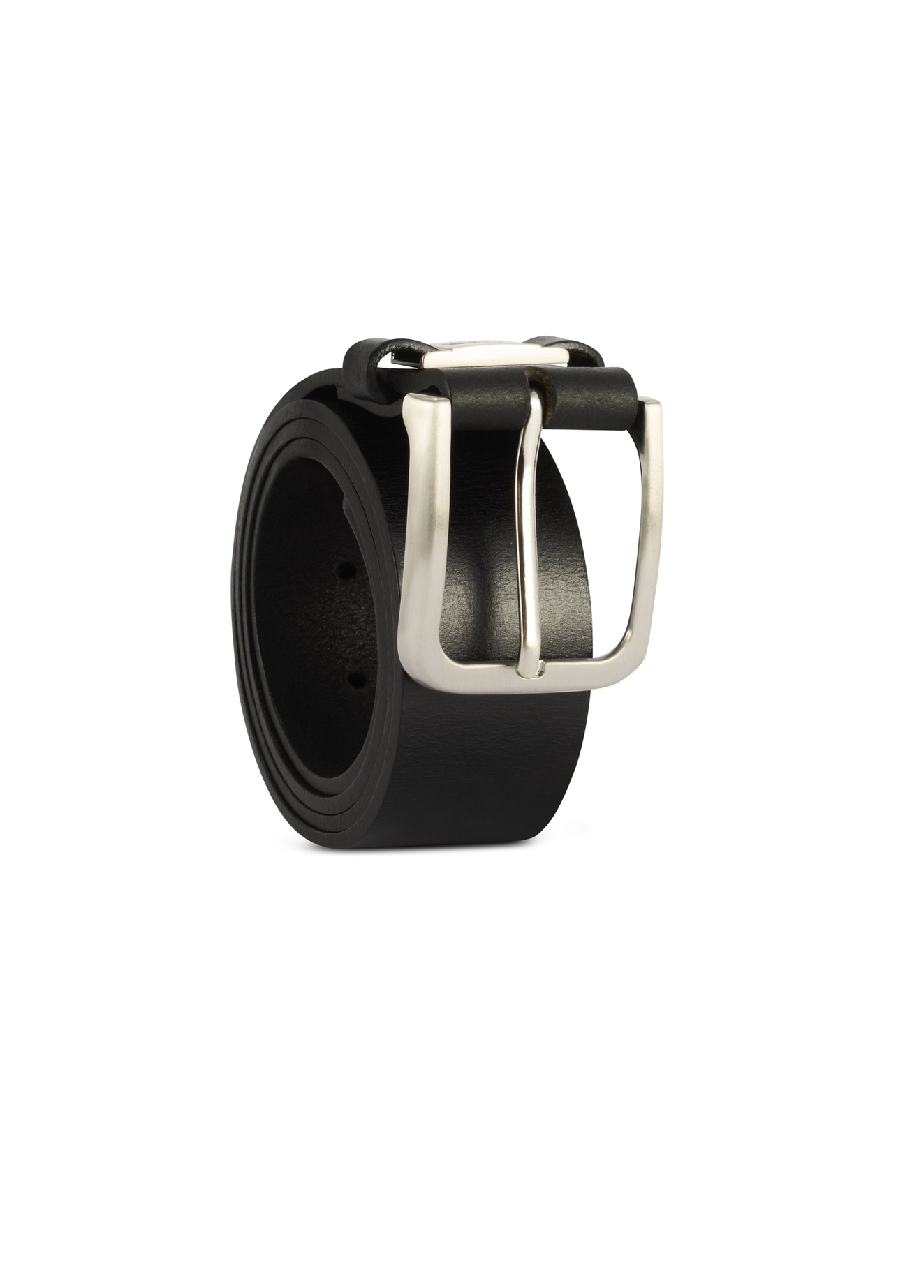 Black men's leather belt PASMS-0273-99(Z25), front view of the product rolled up on a white background.