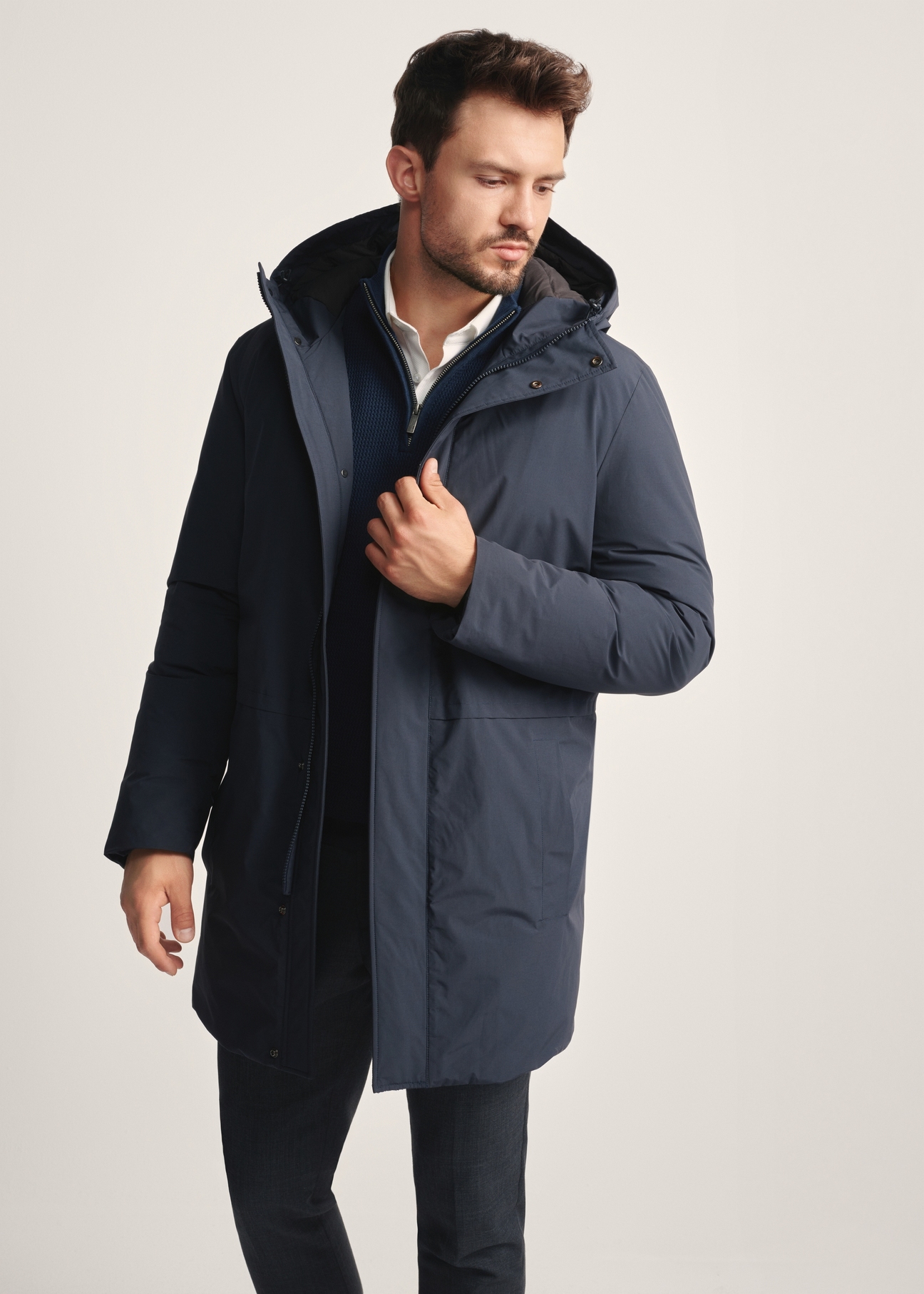 Men's navy blue jacket with natural insulation KURMT-0394-69(Z25) - front product view on white background. Knee-length silhouette visible.