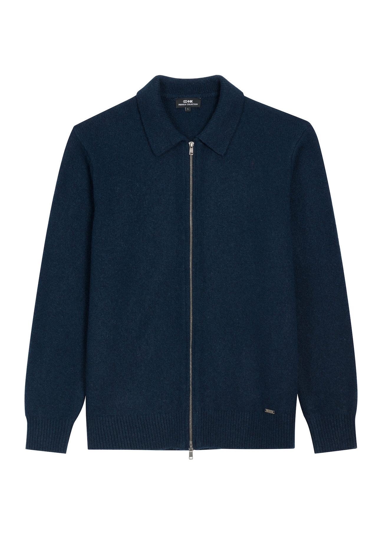 Dark navy men's wool sweater KARMT-0007-7E(Z26), front product view on white background.