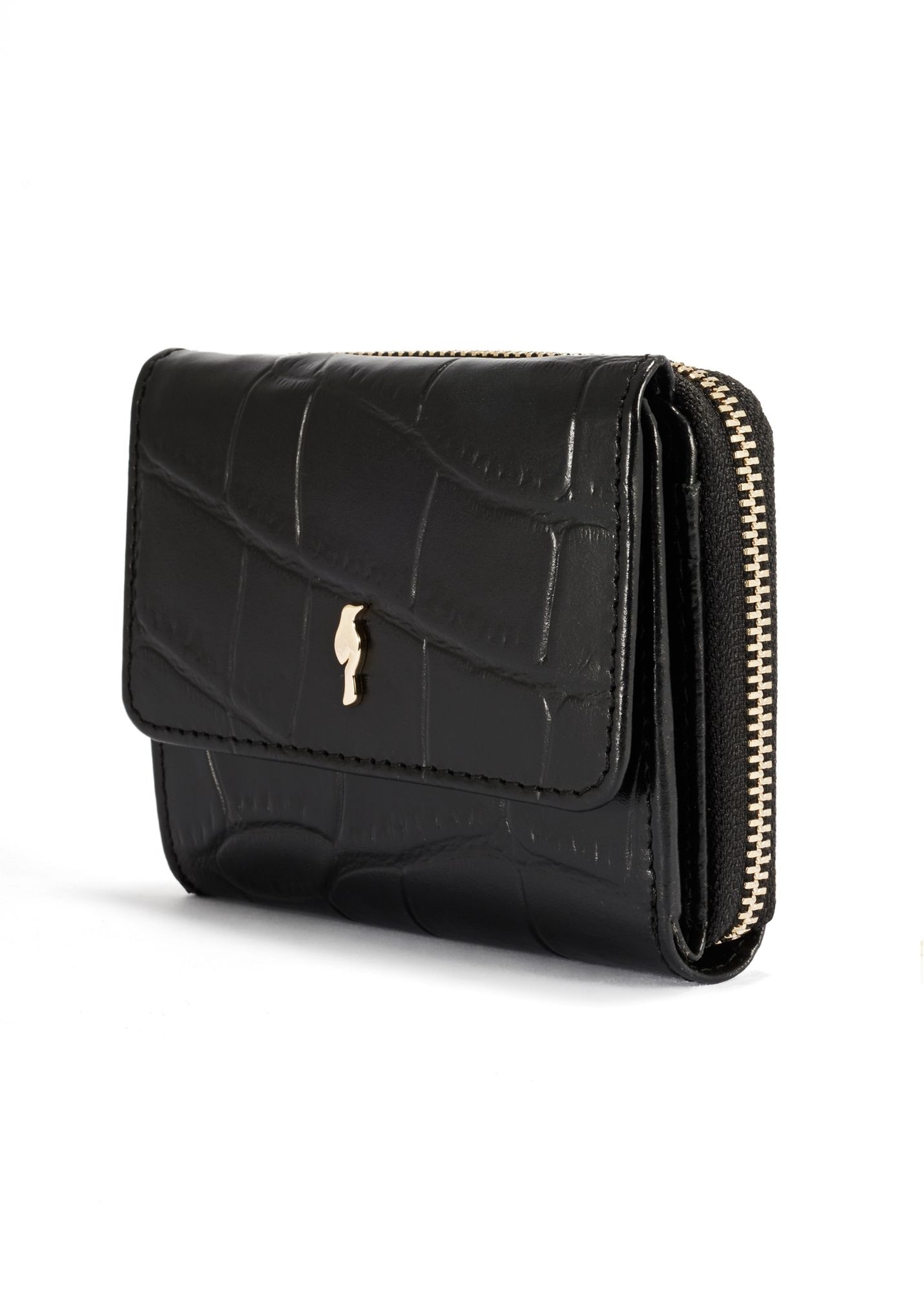 Black croco women's leather wallet PORES-0906-9G(Z26), diagonal product view on a white background.