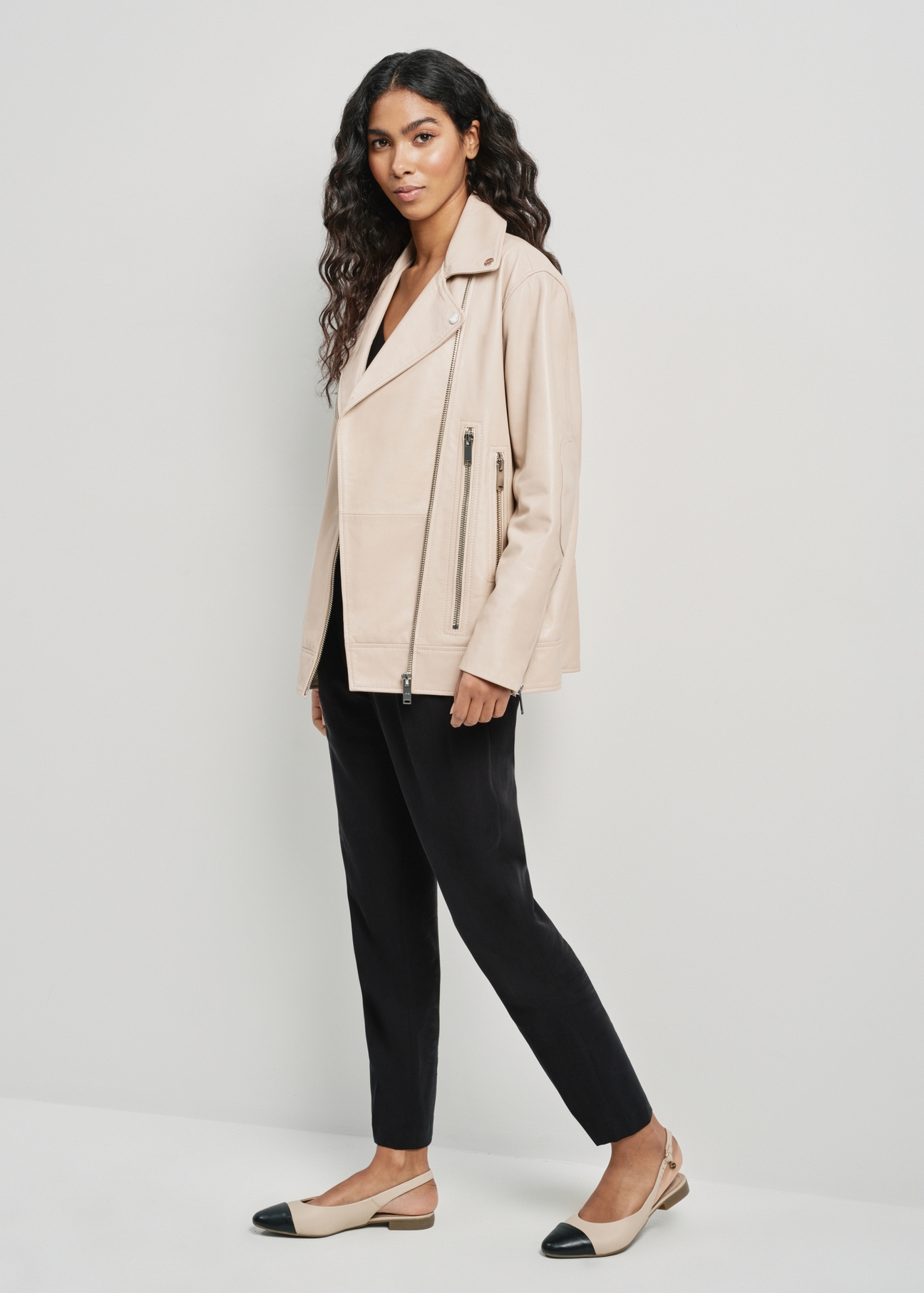 Beige leather oversize ramoneski KURDS-0459-0943(W24)-02