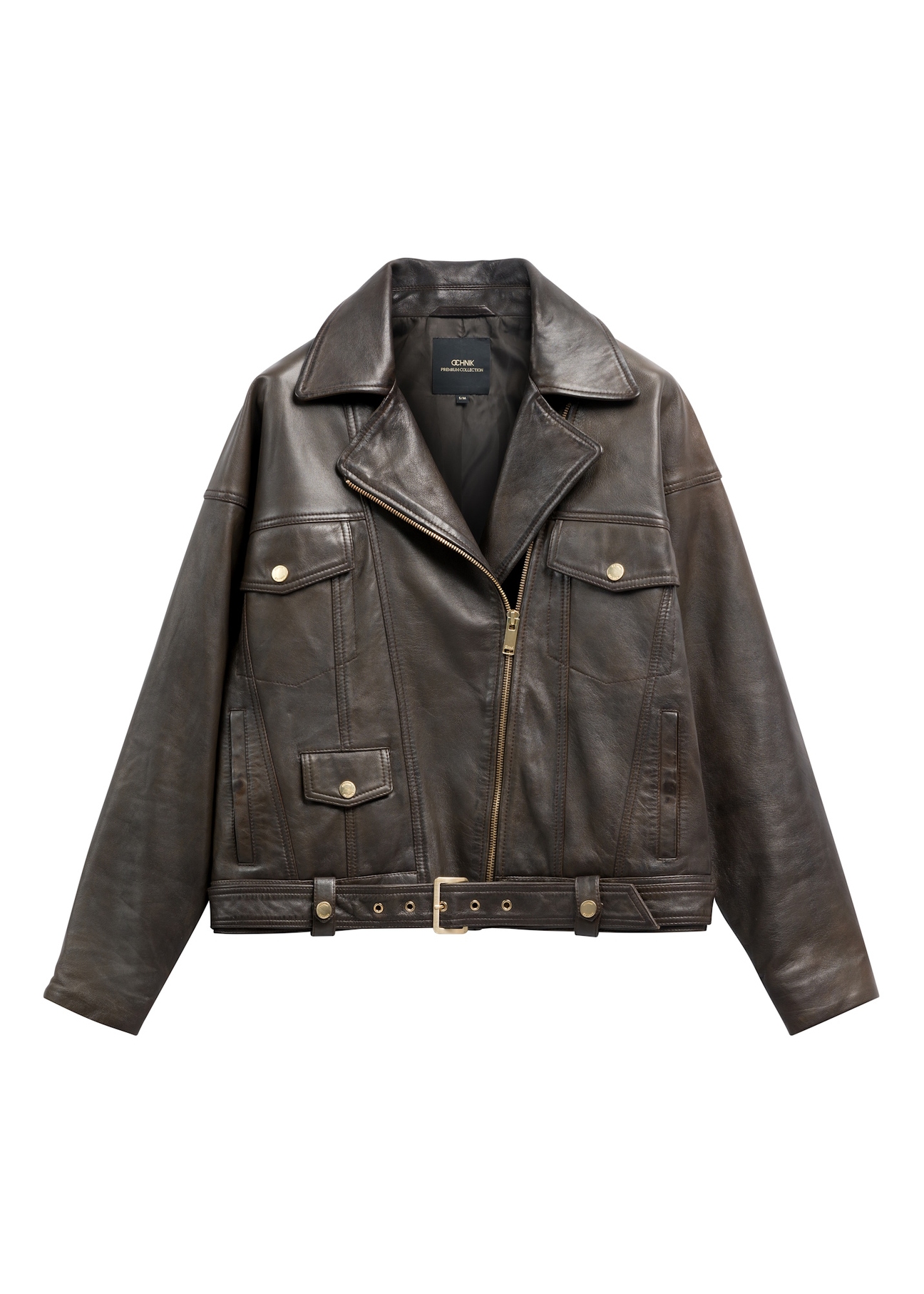 Women's brown oversize leather biker jacket KURDS-0608-1I(W26), front product view on white background.