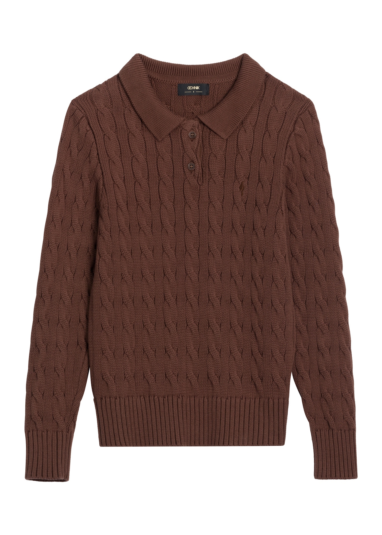 Brown cotton women's polo sweater SWEDT-0281-1H(Z26), front product view on white background.
