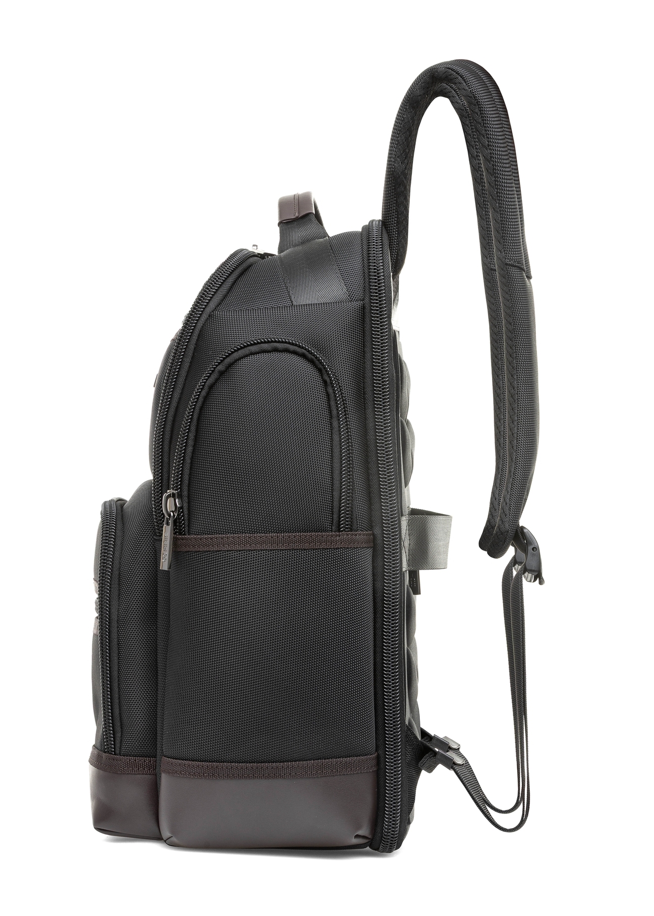 Black spacious men's backpack TORMN-0378-98(Z25), product view from the side on a white background.