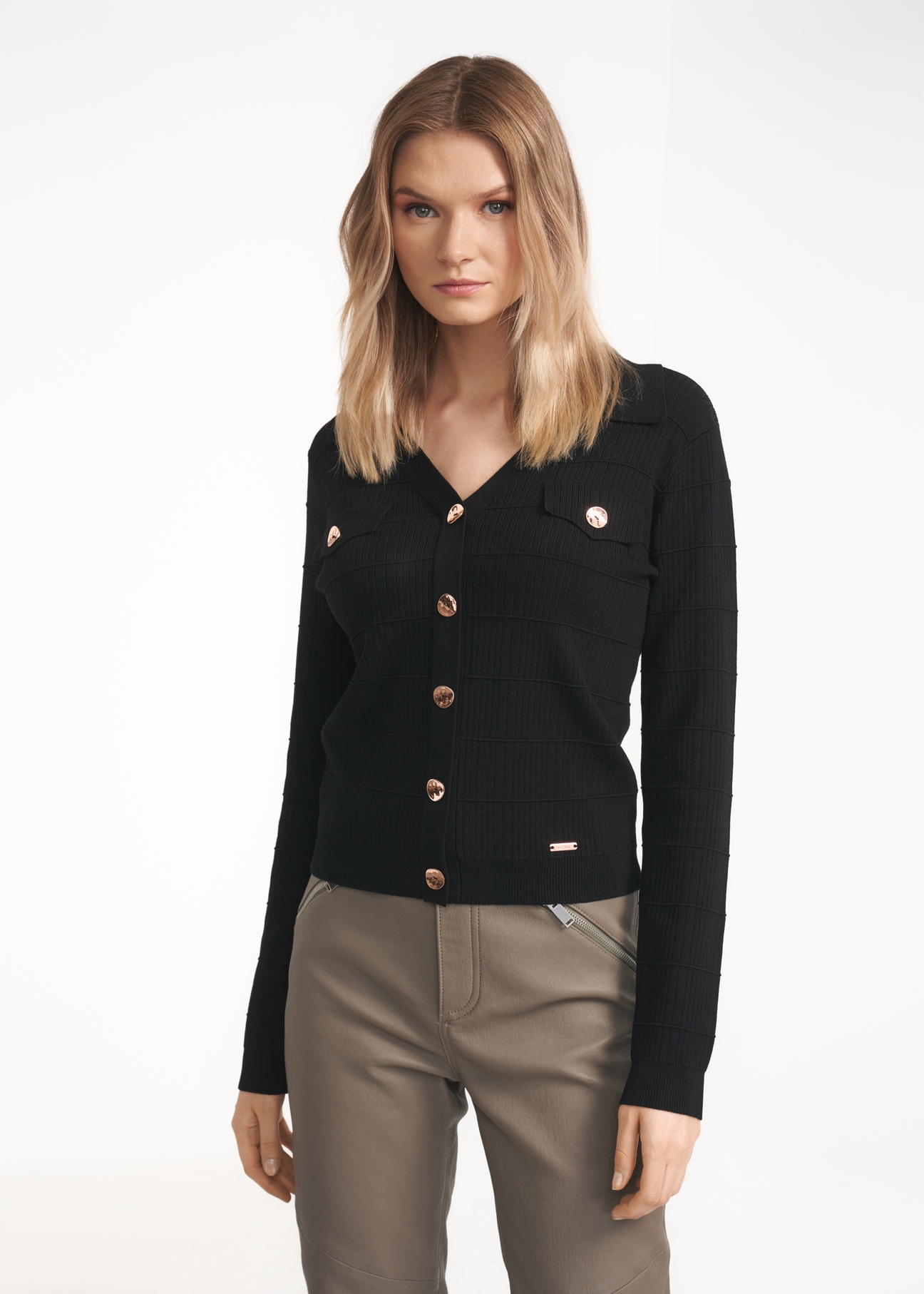 Black women's V neck blouse BLUDT-0153-99(Z22)-02