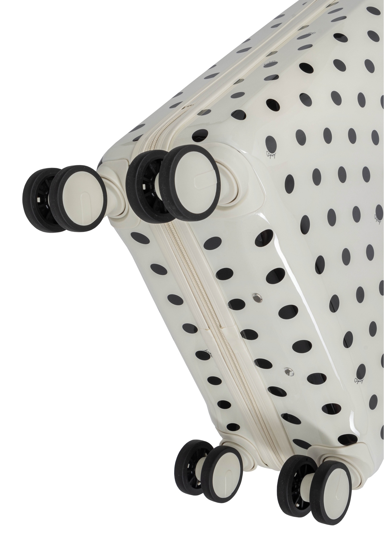Small polka dot suitcase on wheels WALAB-0074-0P-19(W26), view of the product wheels on a white background.