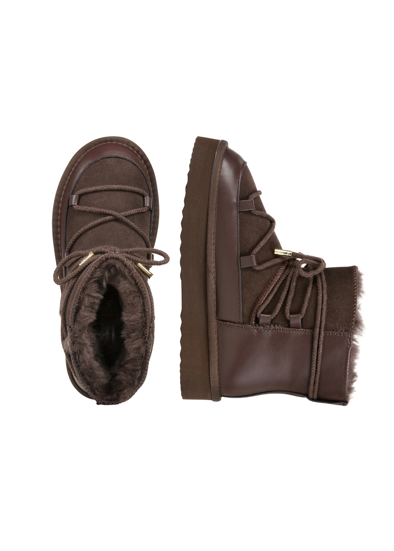 Chocolate women's snow boots BUTYD-1221-89(Z25), product view from the top and side on a white background.