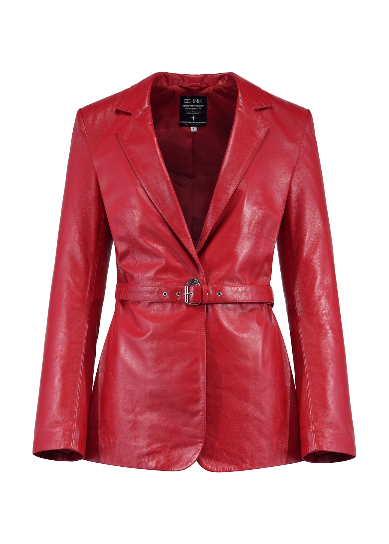 Red women's leather jacket KURDS-0542-2565(W25), front view of the product without model on white background.