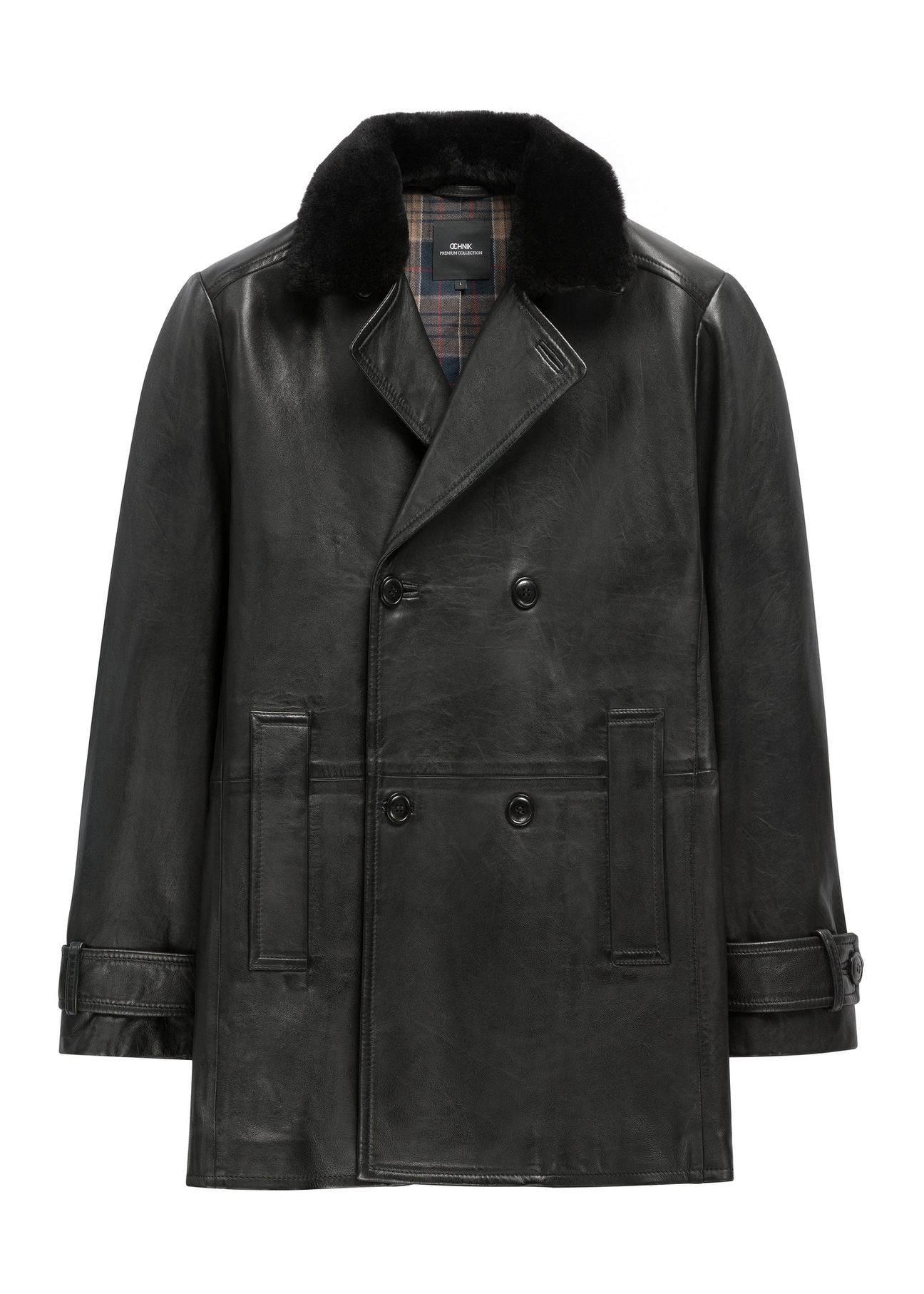 Men's black leather coat KURMS-0409-99(Z26), front product view on white background.