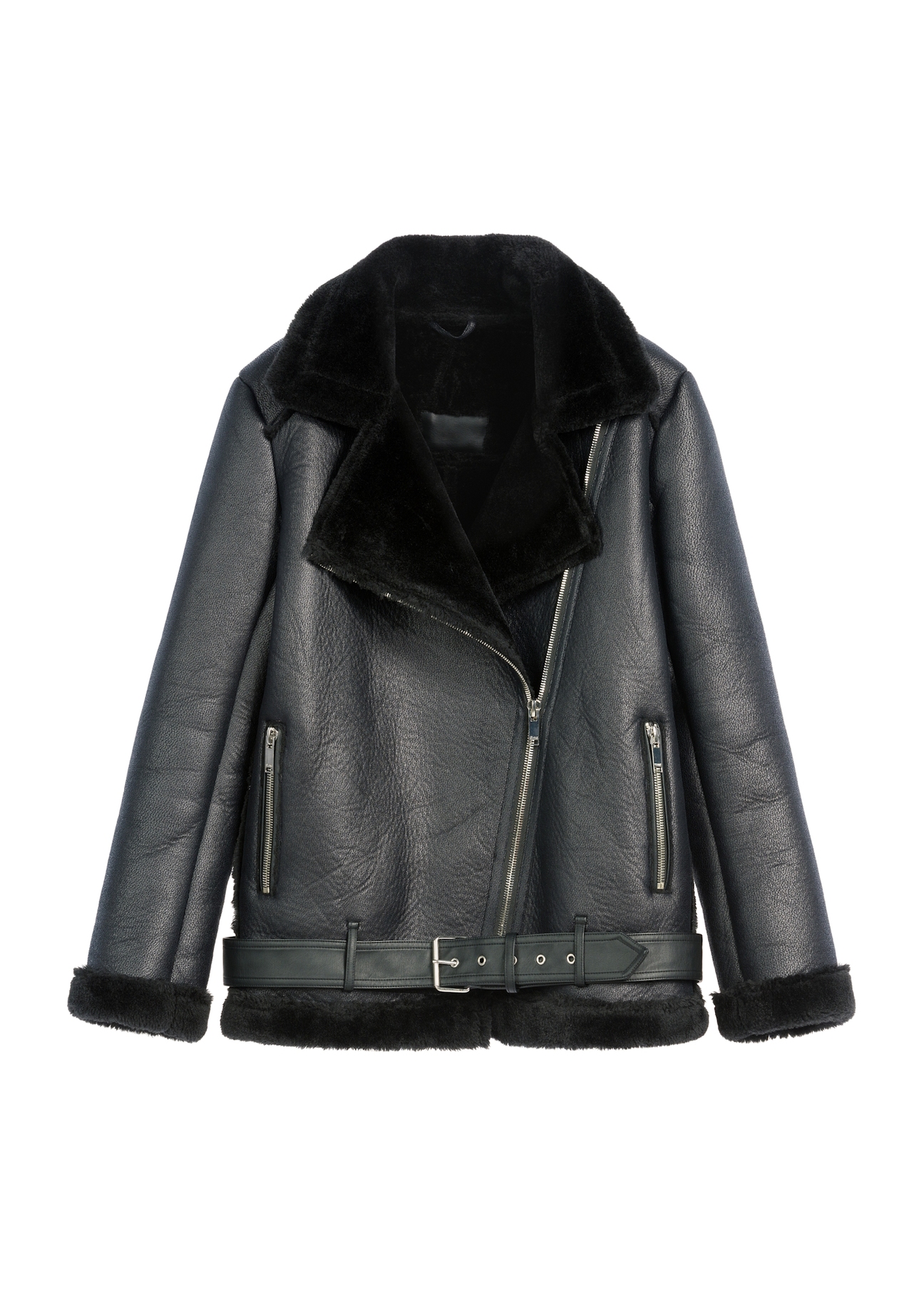 Black short women's sheepskin coat KOZDP-0001A-99(Z25), product view from the front on a white background.