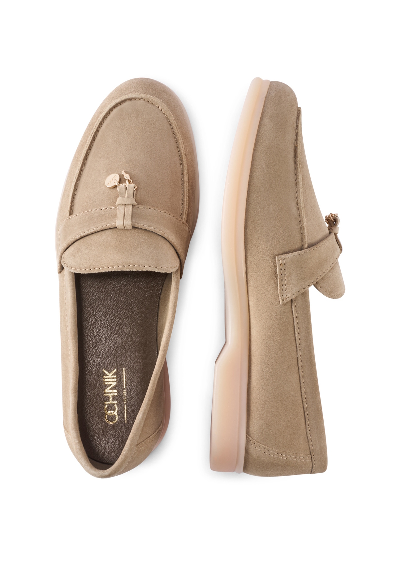 Women's leather moccasins in cool beige color BUTYD-1256-1K(W26), product view from above on a white background.