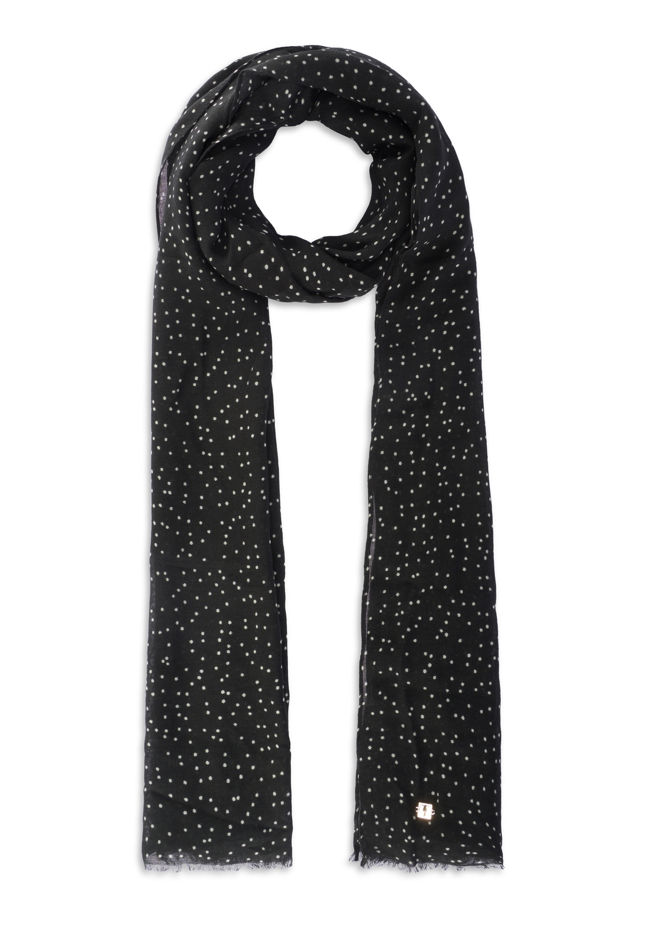 Women's black scarf with white dots SZADT-0219-9P(W26), front product view on white background.