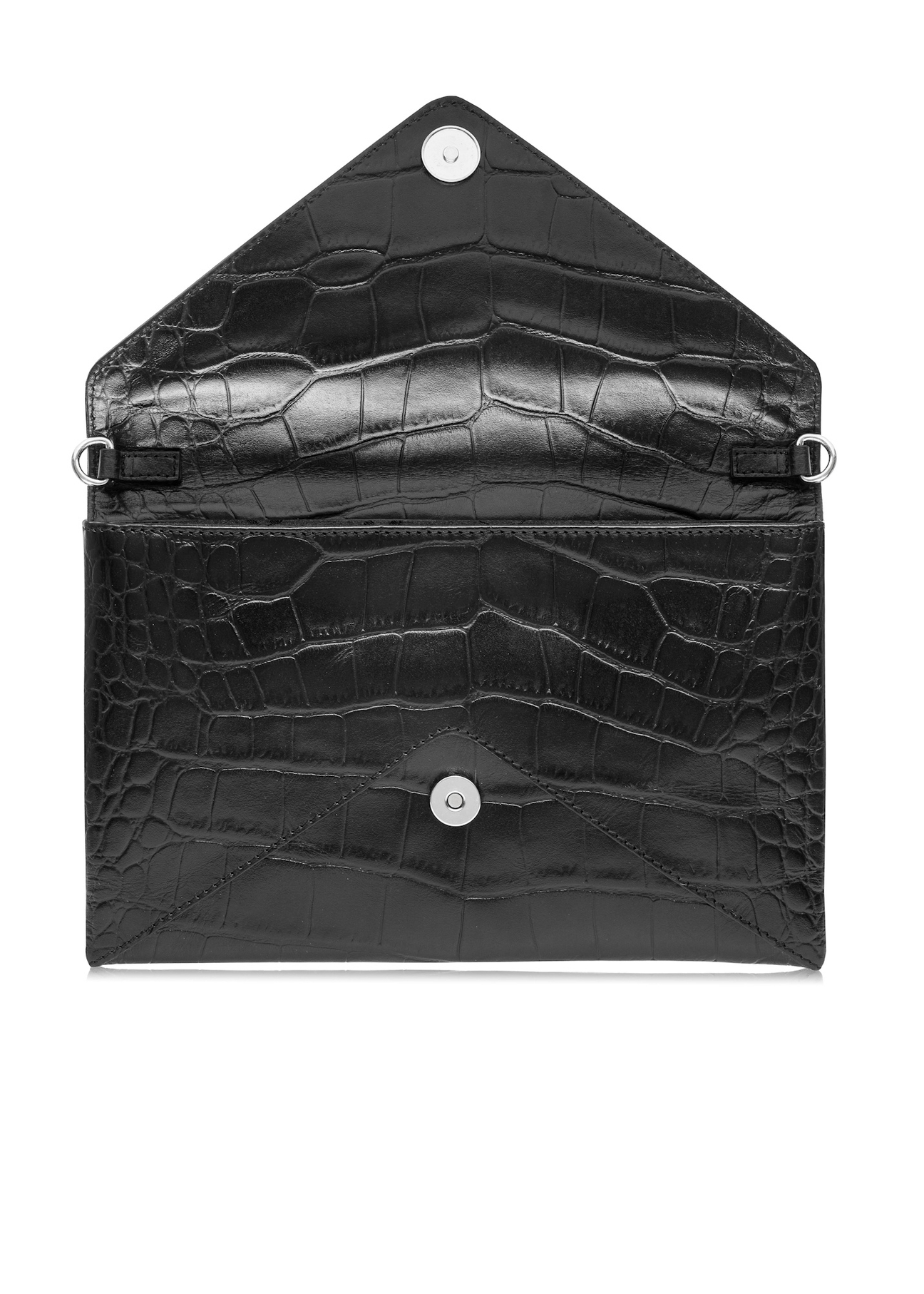 Leather black women's croco handbag TORES-1143-99(Z25), product view with open flap on white background.