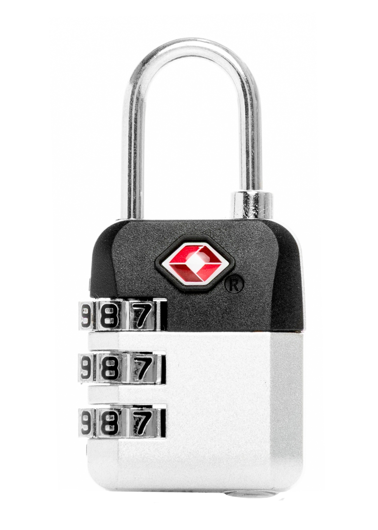 Silver TSA combination padlock AW-015-0004-9X(W26), product back view on white background.