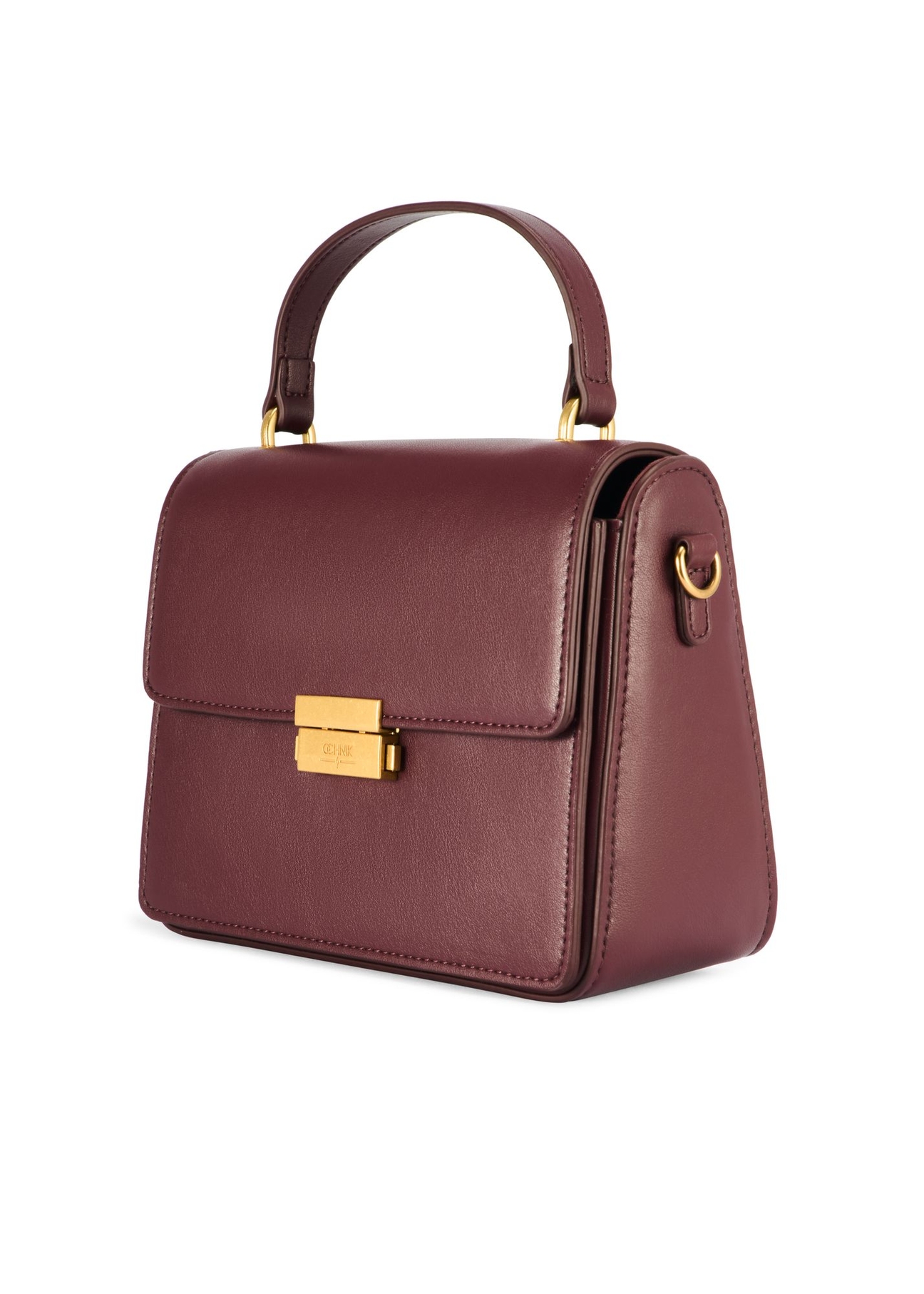 Burgundy women's trunk handbag TOREC-1080-49(Z25) - diagonal view of the product on a white background.