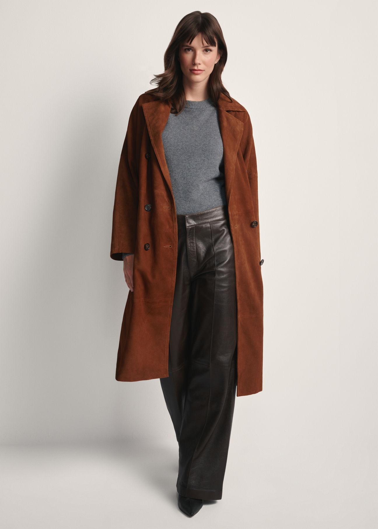 Women's brown oversized suede coat KURDS-0551-0775(Z25), front view of the product on the model. Full body visible.