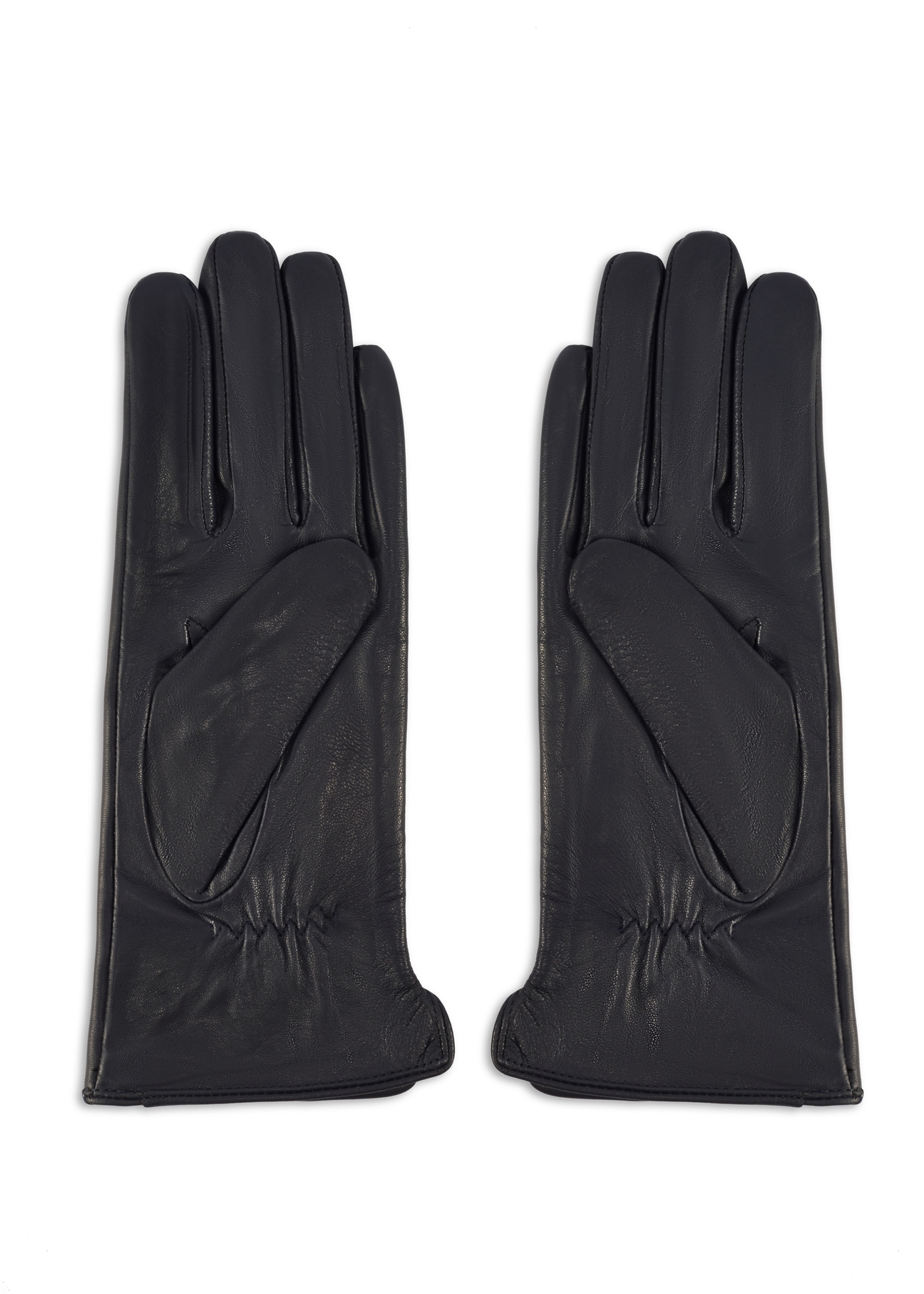 Navy blue women's leather gloves REKDS-0001A-69(Z25), product view from the back on a white background.