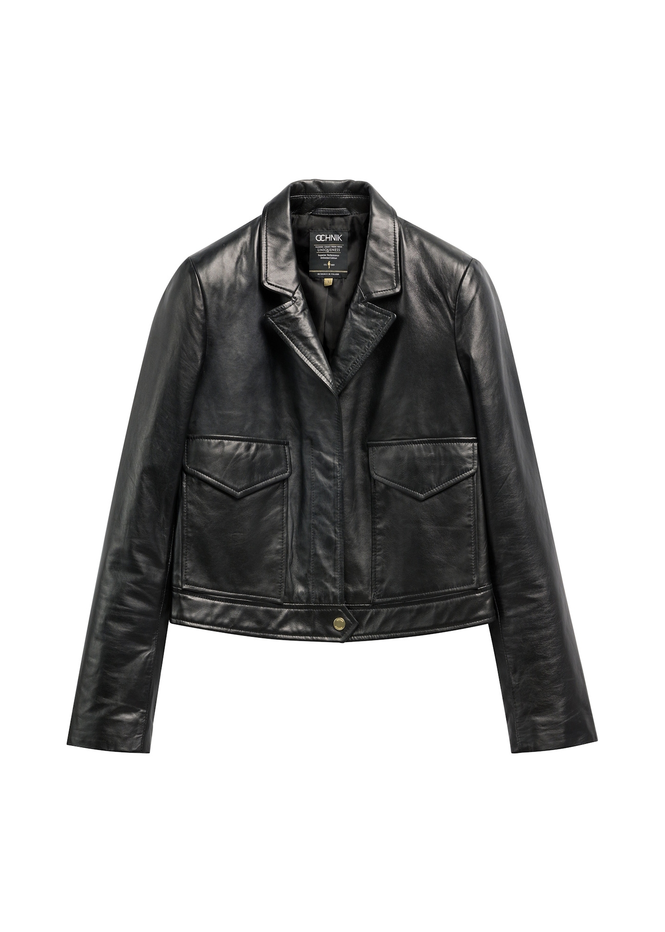 Black women's leather short jacket KURDS-0471-99(W26), front product view on white background.