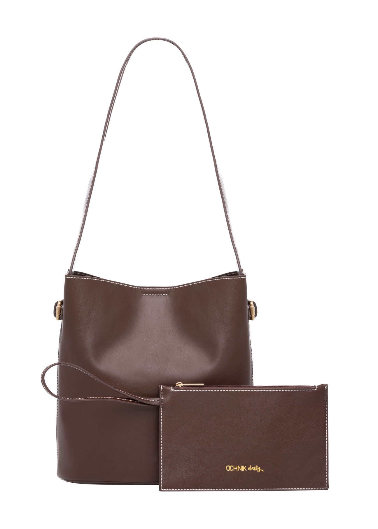 Dark brown women's imitation leather handbag TOREC-1214-1H(W26), product view with cosmetic bag on white background.