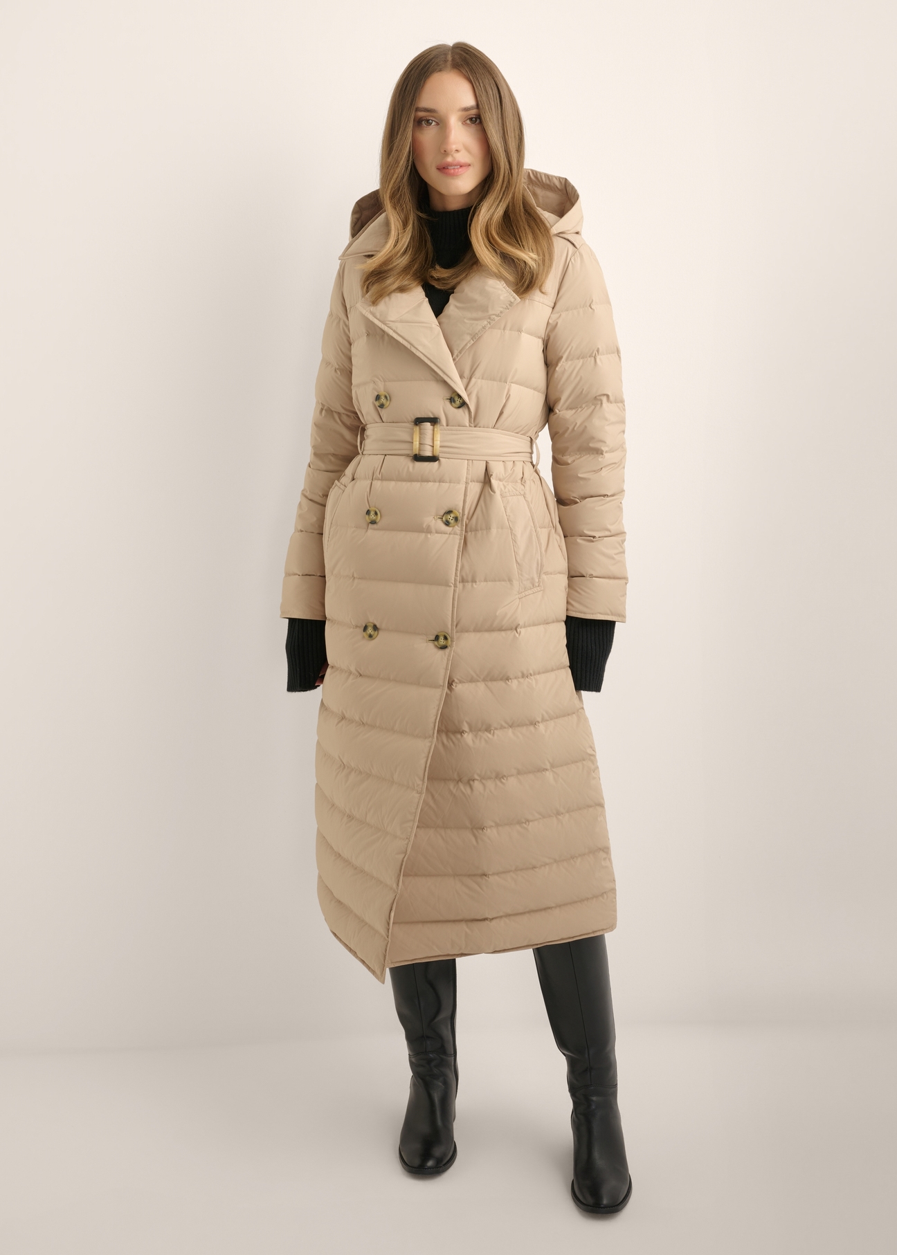Dark beige long women's jacket KURDT-0709-1C(Z26), front view of the product on the model. Full body visible.