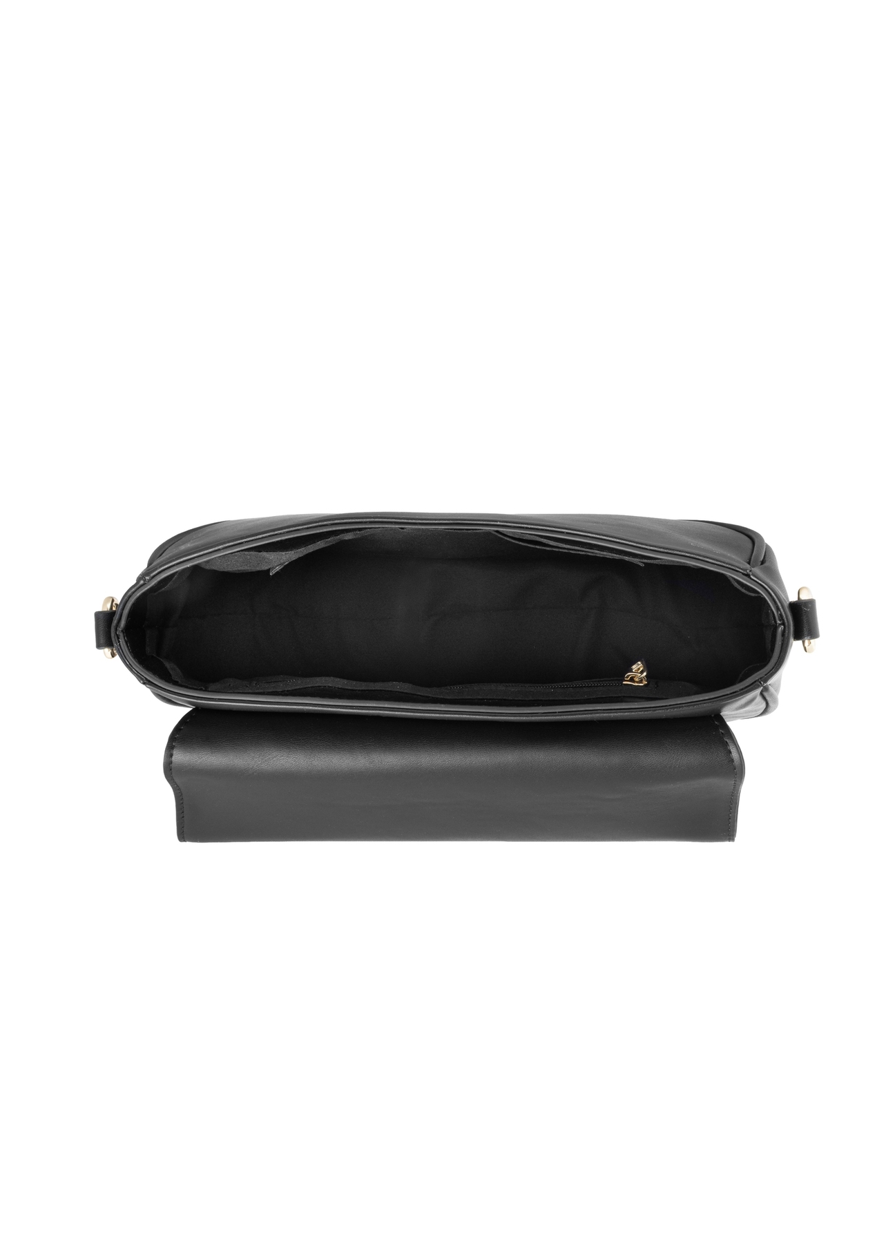 Small black women's messenger bag with monogram TOREC-1289-9P(Z26). Top view on a white background.
