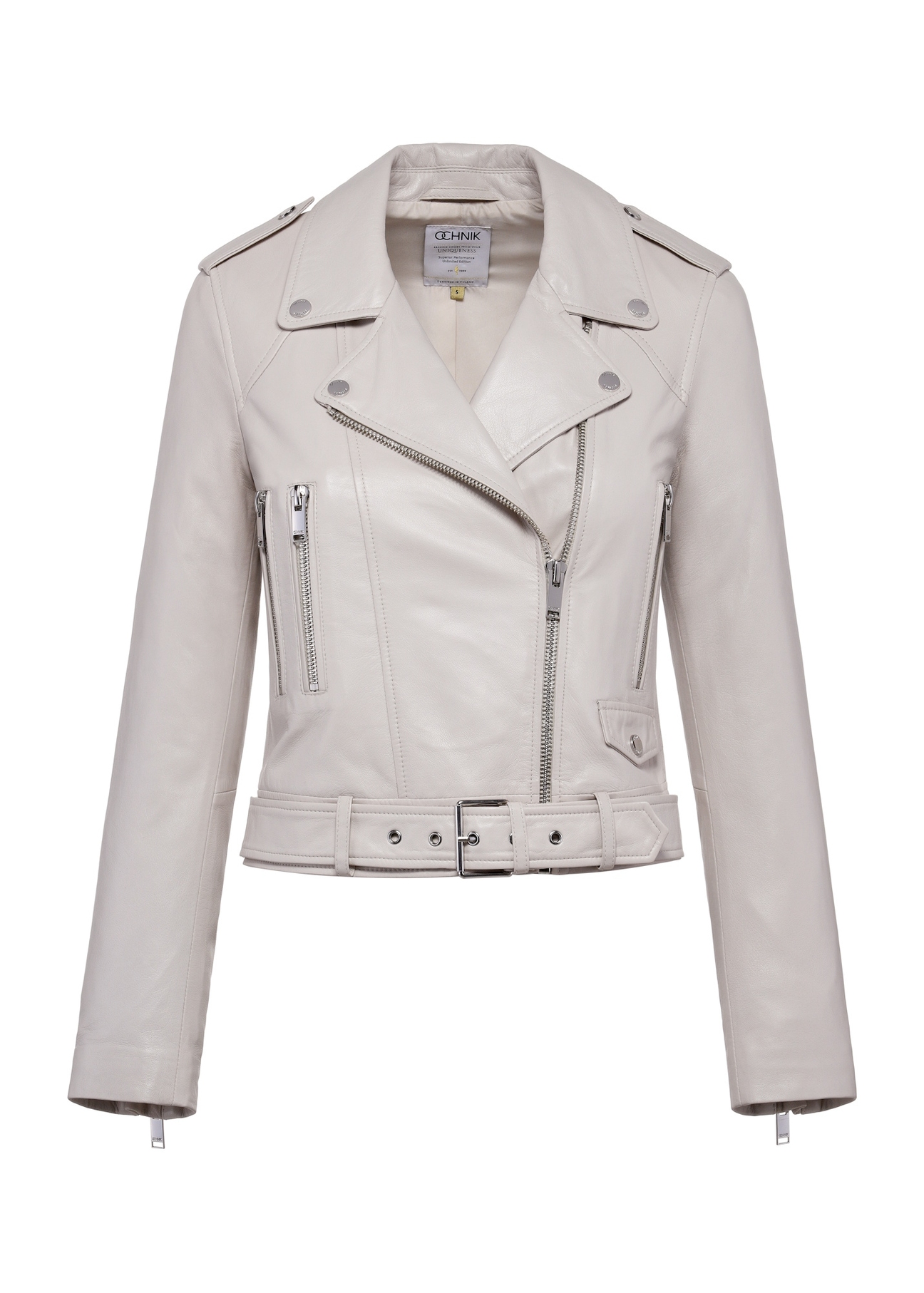 Beige women's leather jacket KURDS-0371-2833(W25), front product view on white background.