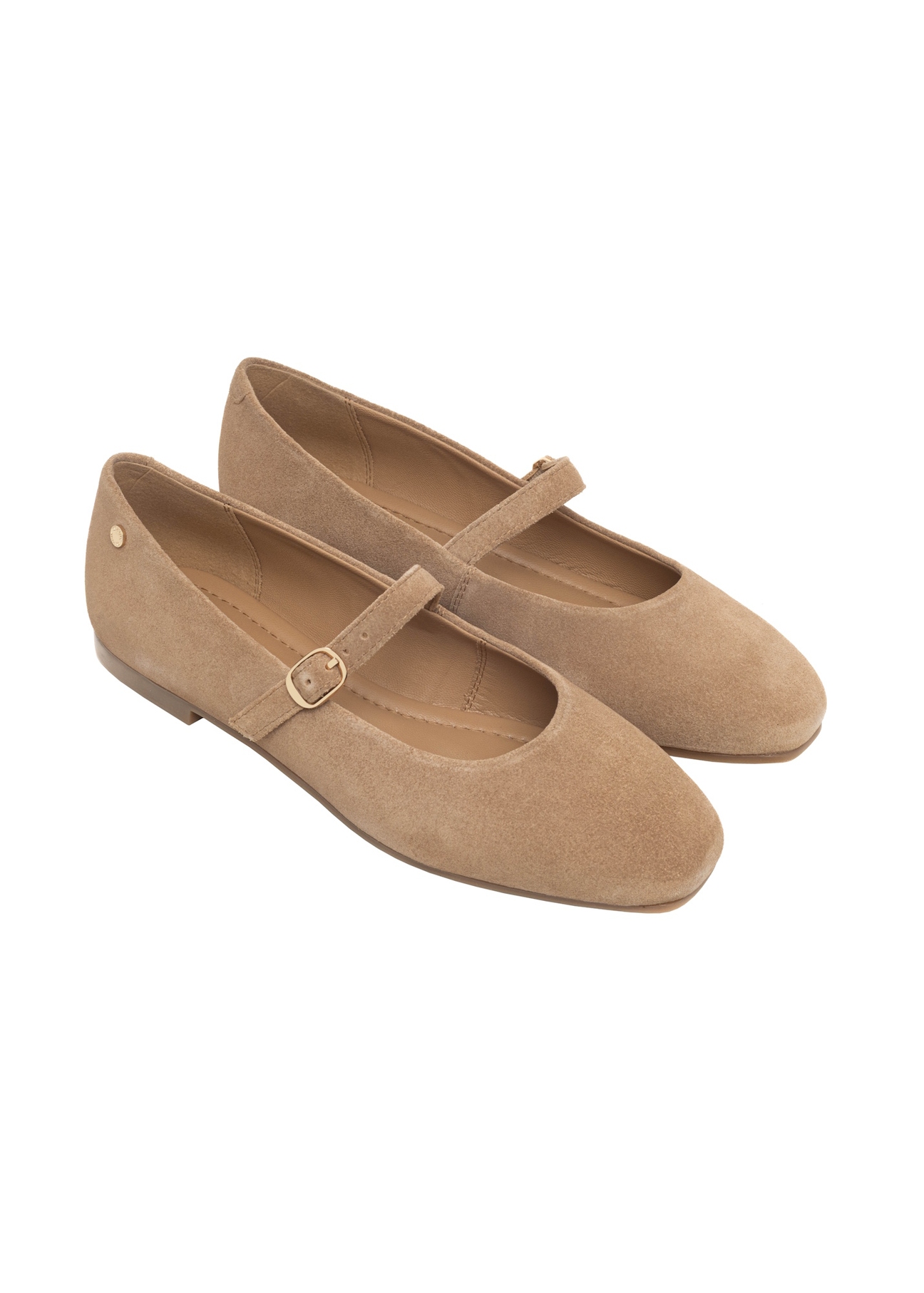 Beige suede ballet flats with a belt BUTYD-1145-1B(Z26), diagonal product view on a light background.