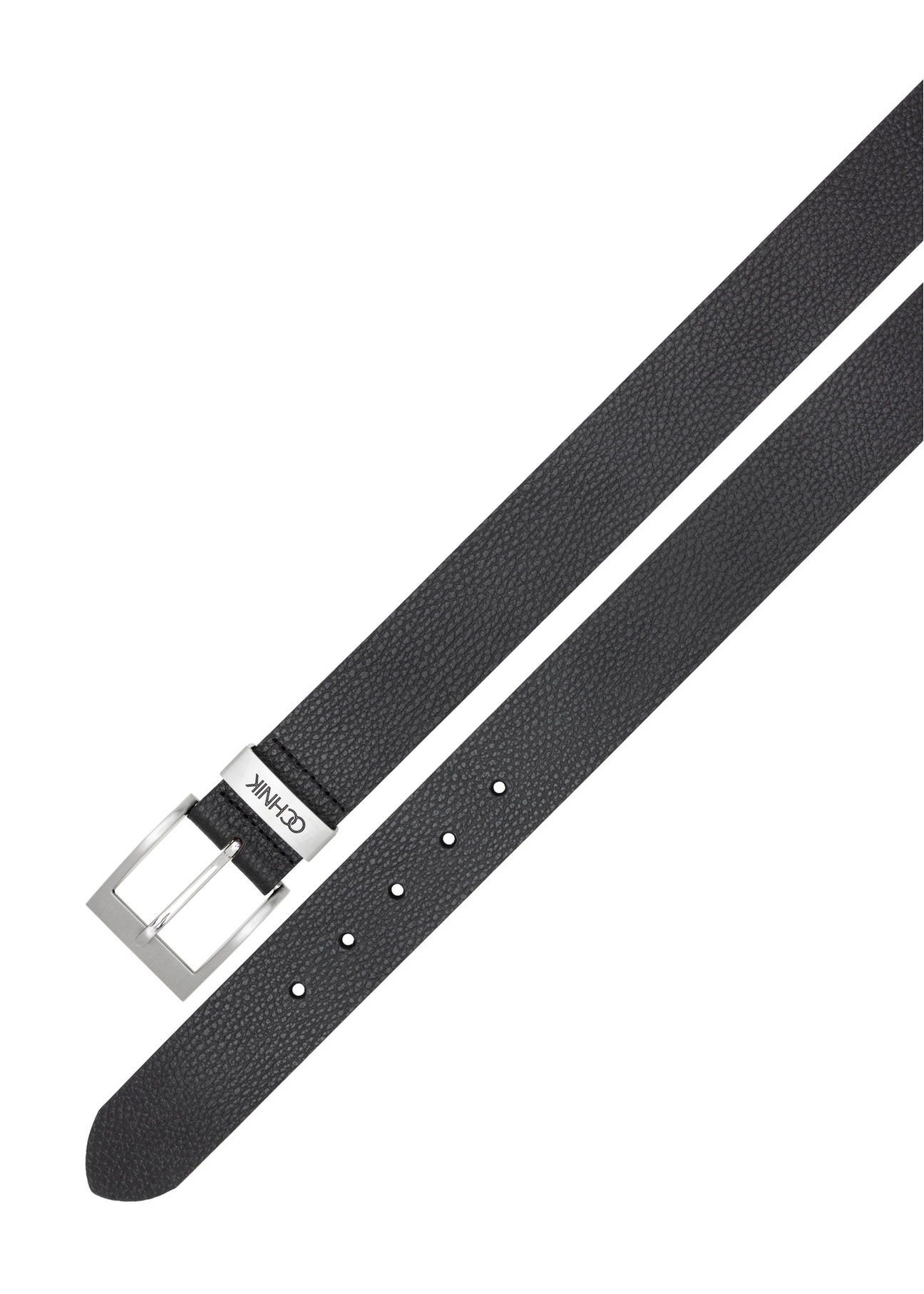 Black leather women's belt PASDS-0333-99(Z25), view of the clasp of the product on a white background.