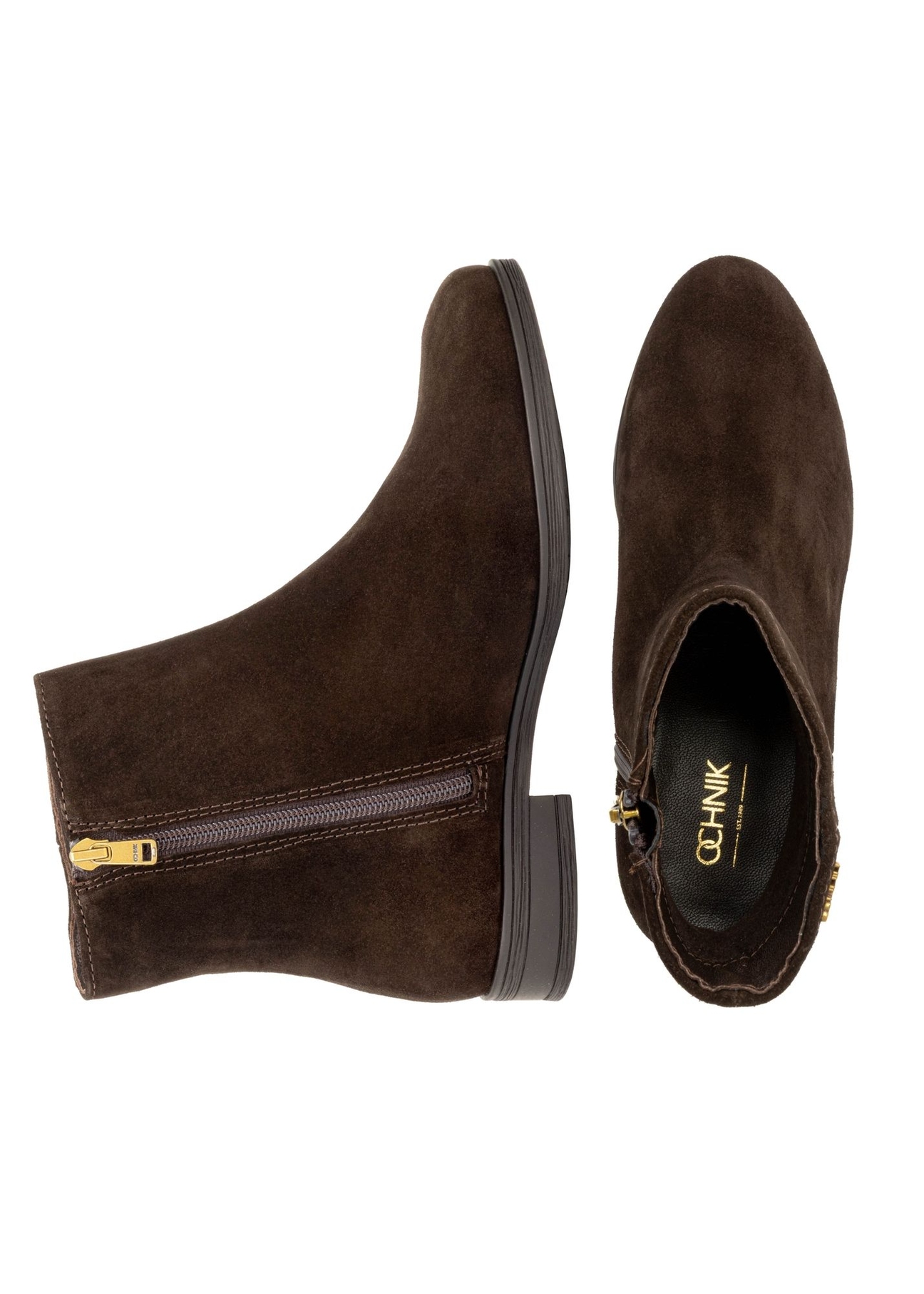 Dark brown suede women's ankle boots BUTYD-1193-1I(Z26), product view from the top and side on a white background.