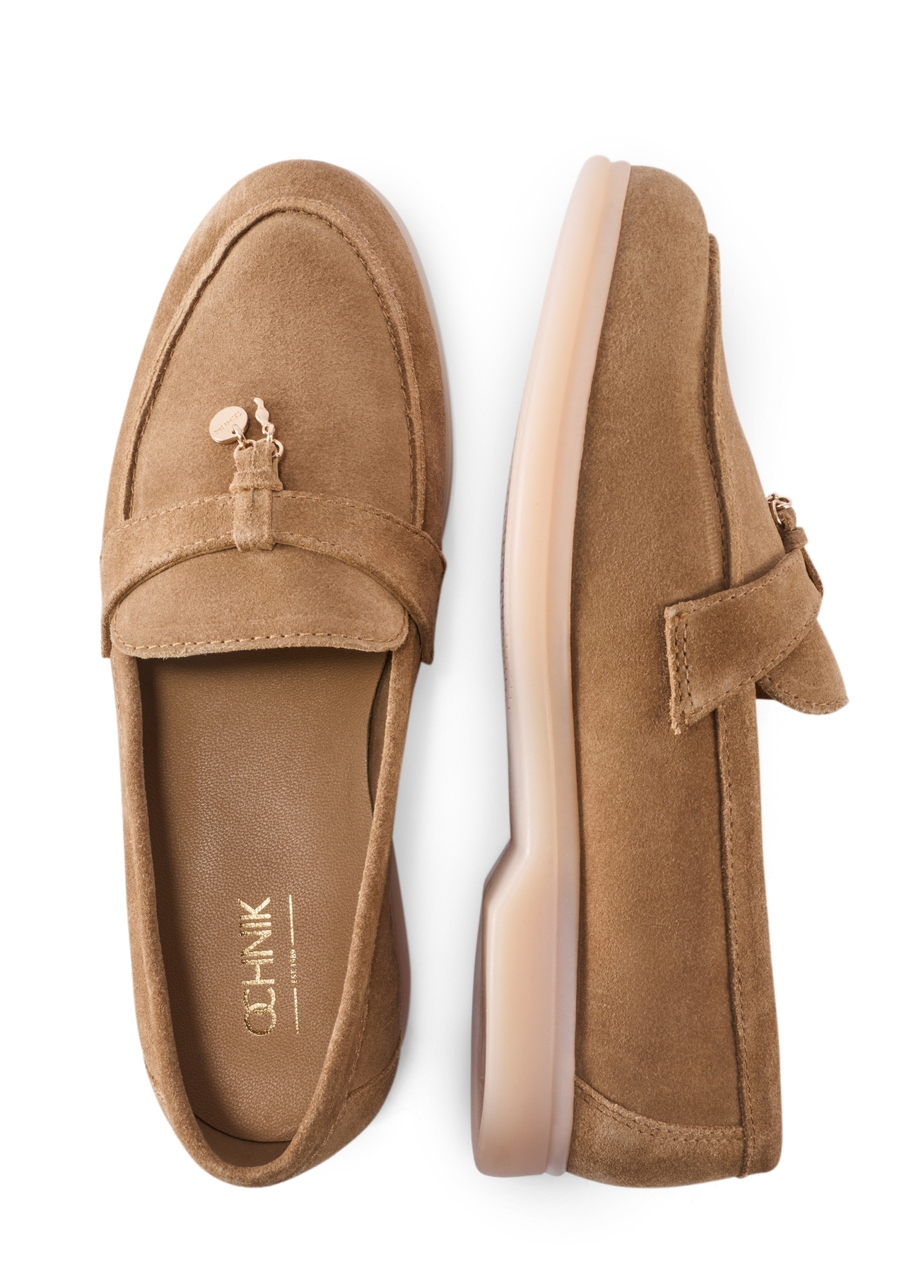 Women's leather moccasins in cool beige color BUTYD-1256-1K(W26) - product view from above, on a white background.
