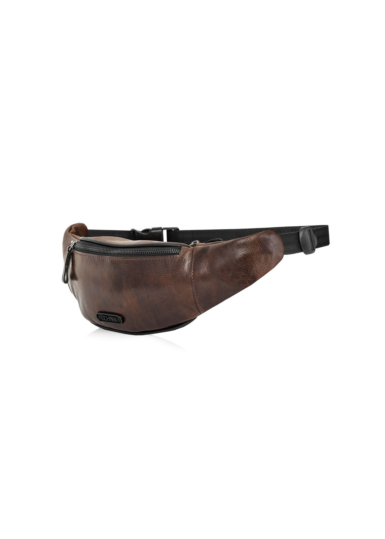 Men's brown leather waist bag TORMS-0107-1H(W26), diagonal product view on white background.