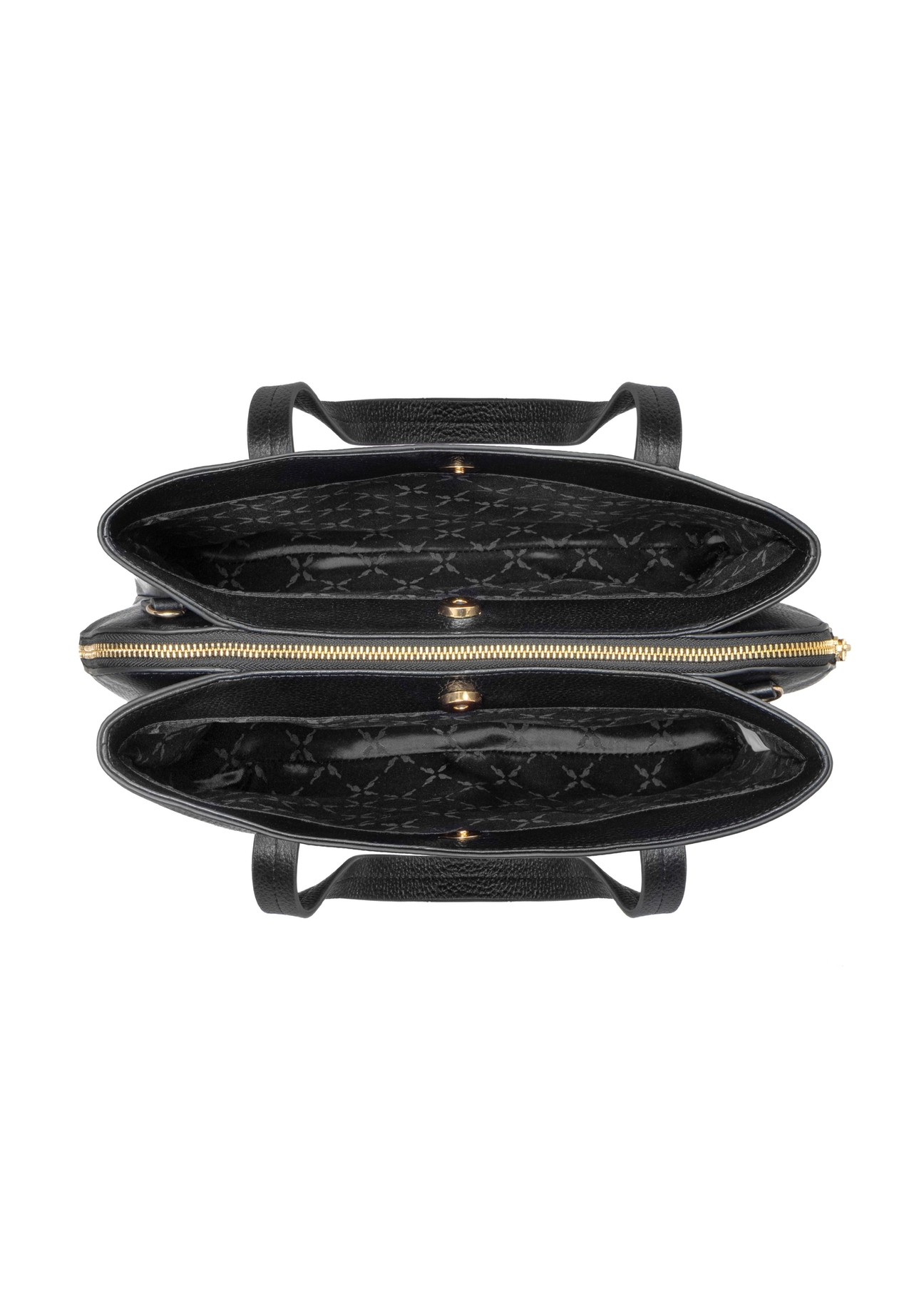 Black leather shopper bag TORES-1342-9I(Z26). Top view on white background.