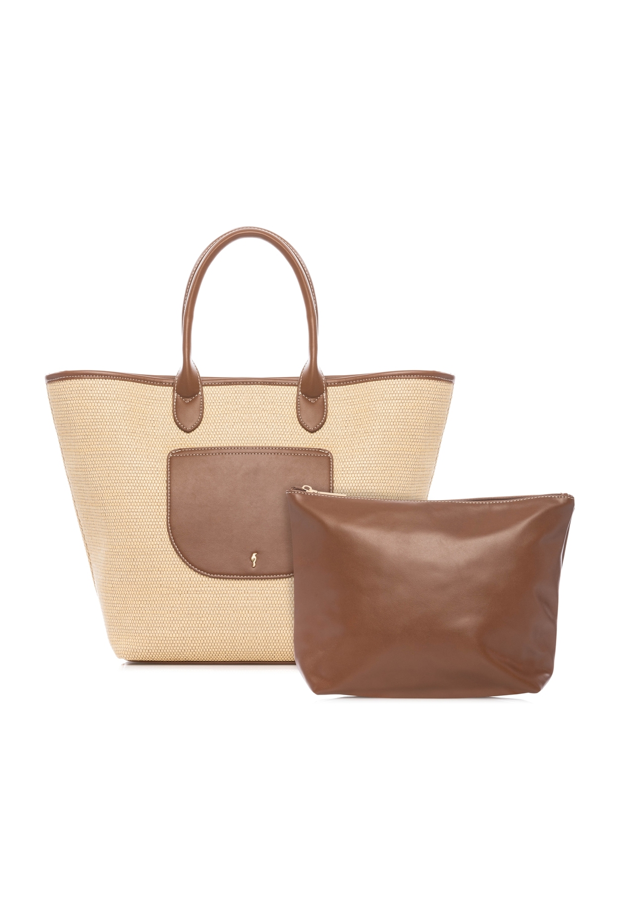 Large women's straw handbag TOREC-1229-1E(W26), front product view with cosmetic bag, on white background.