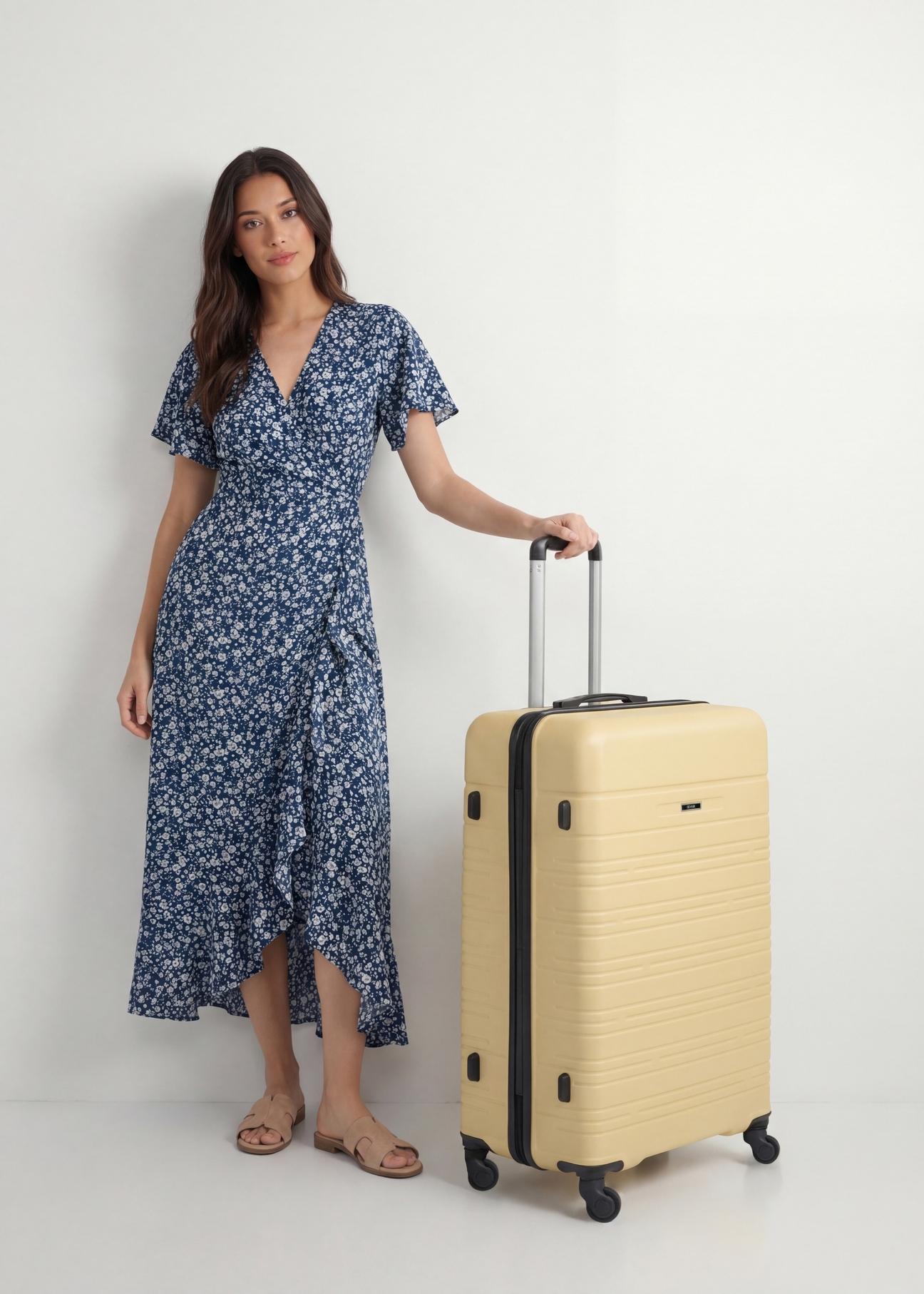 Large suitcase on wheels WALAB-0083-2B-28(W26), diagonal view of the product next to the model's silhouette.