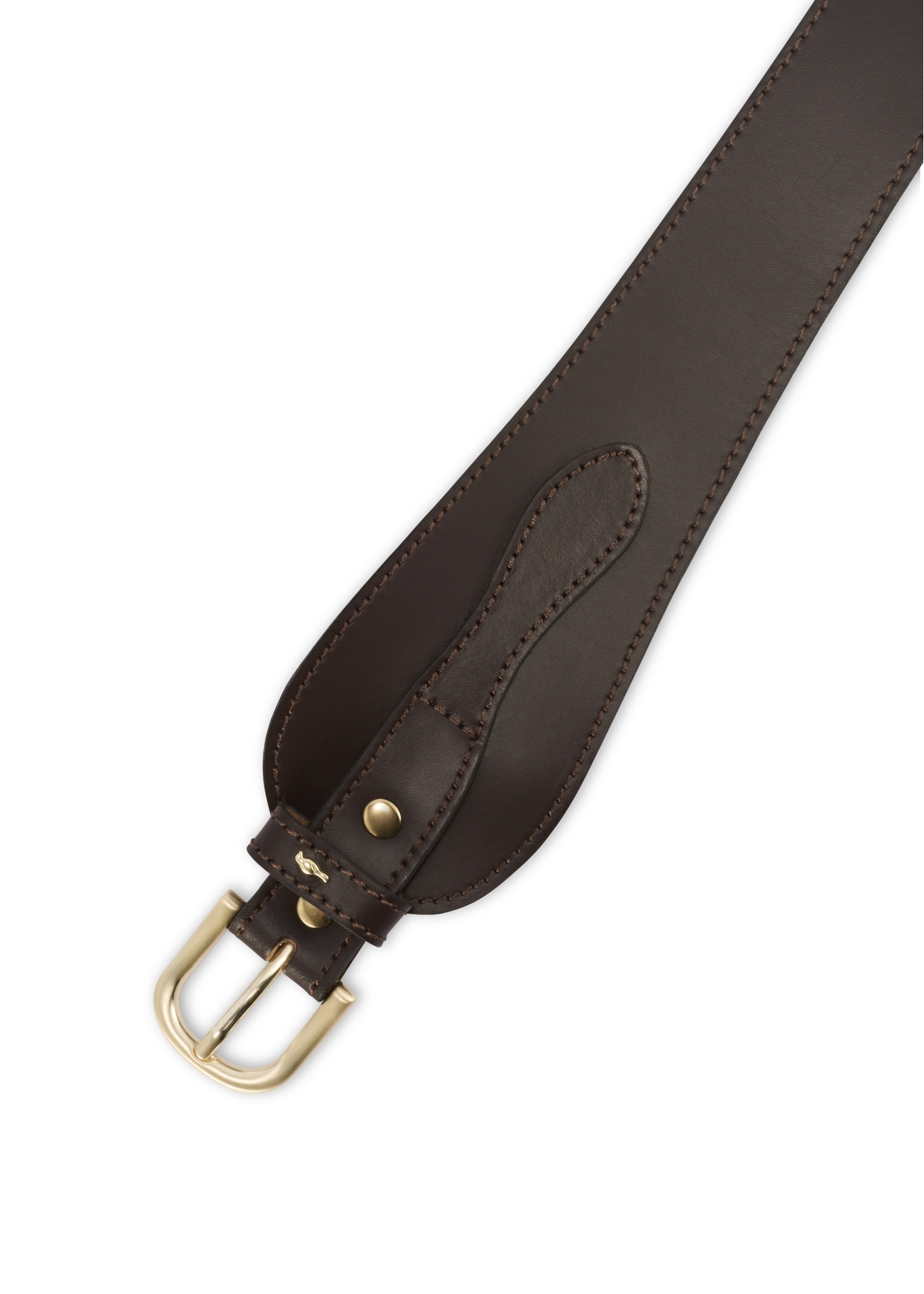 Brown leather women's belt PASDS-0330-90(Z25), close-up of the product buckle, view on a white background.