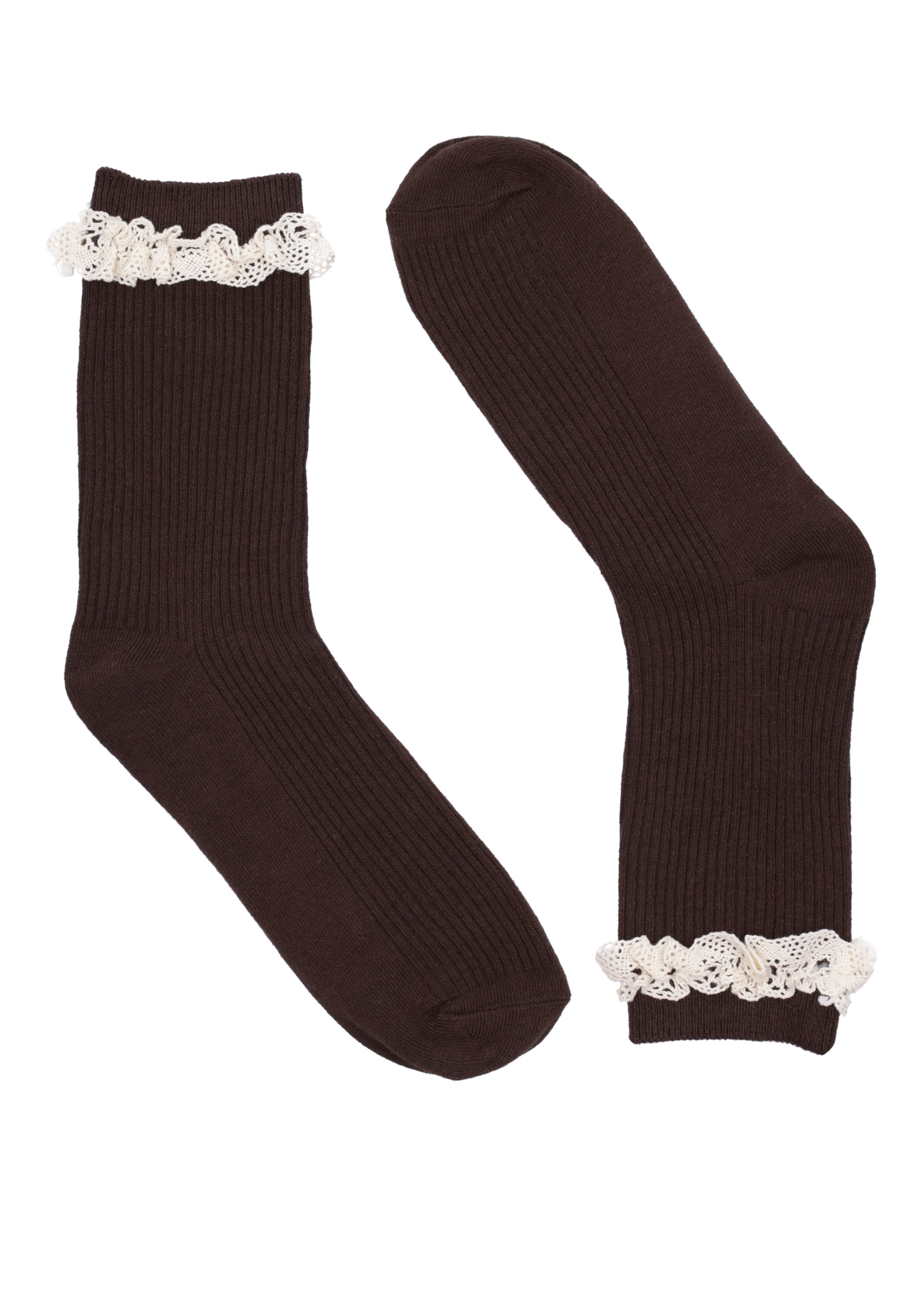 Brown women's socks with lace trim SKADT-0084-1H(Z26) - product view from above, on a white background.