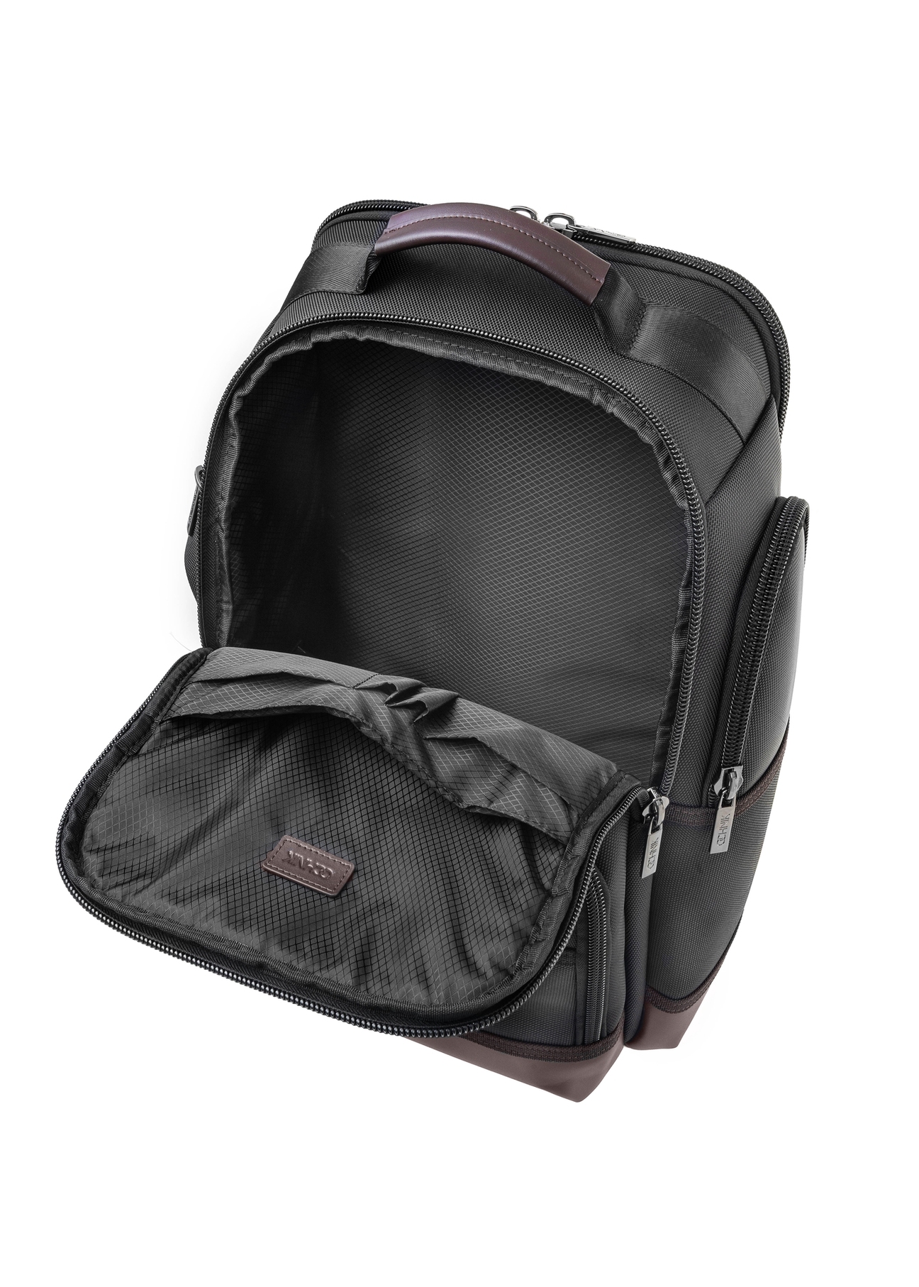 Black spacious men's backpack TORMN-0378-98(Z25), product view from the inside on a white background.
