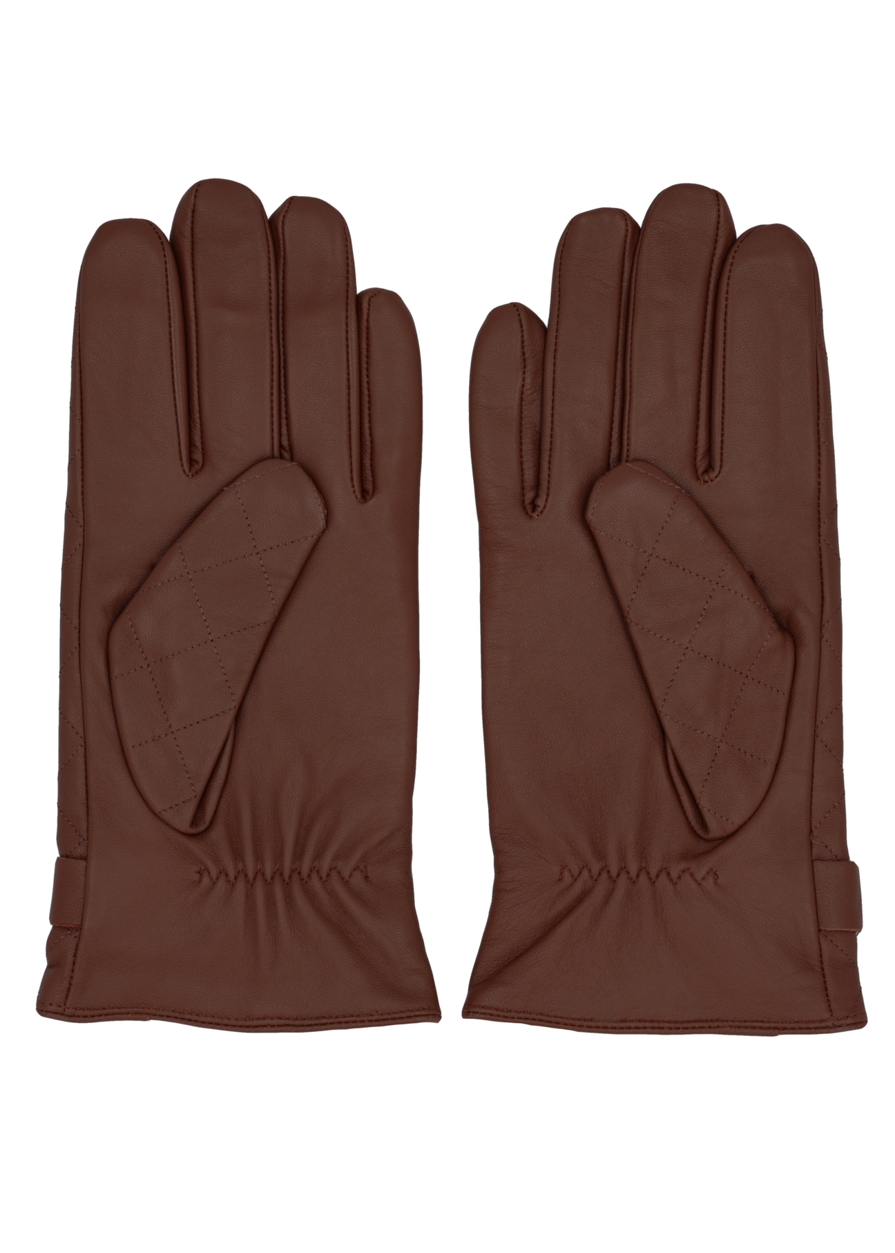 Cognac men's leather gloves with wool REKMS-0082-1F(Z26), product view from the back on a white background.