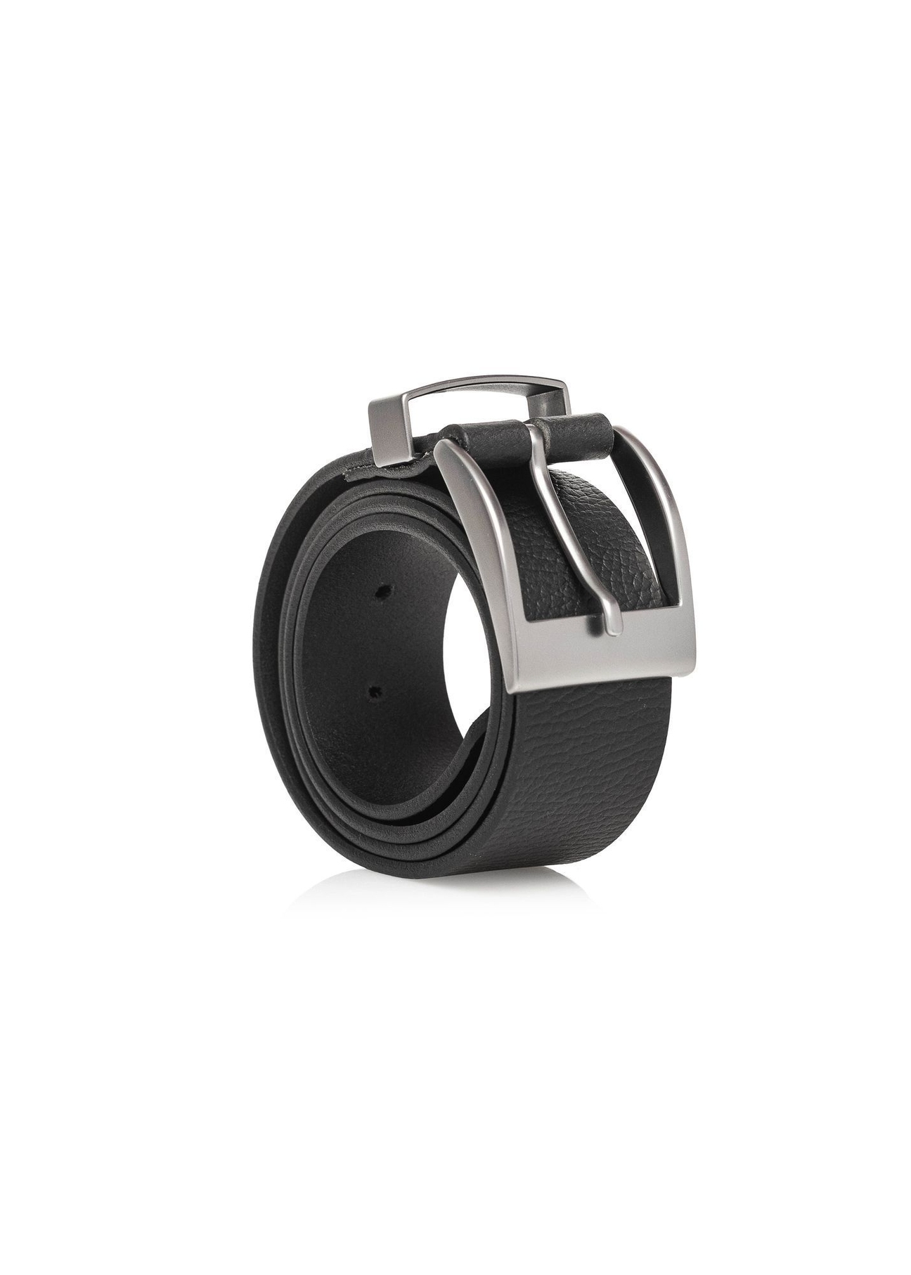Black men's leather belt PASMS-0127-9I(W26), diagonal product view on white background.